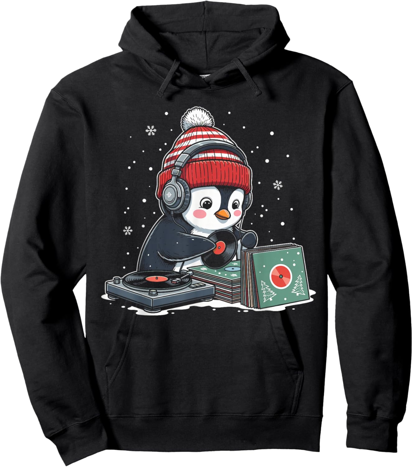 DJ Penguin Christmas Shirt, Cute Music Lover Holiday Hoodie - Hoodie | Black