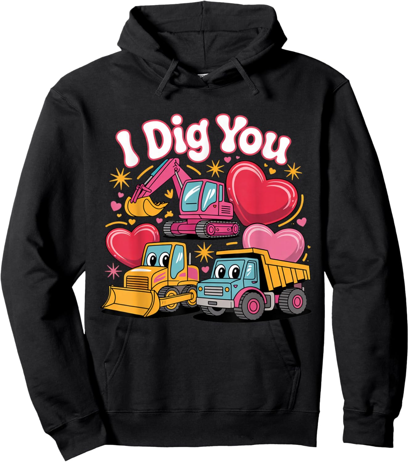 I Dig You Cute Valentine Construction Trucks Design Hoodie - Hoodie | Black