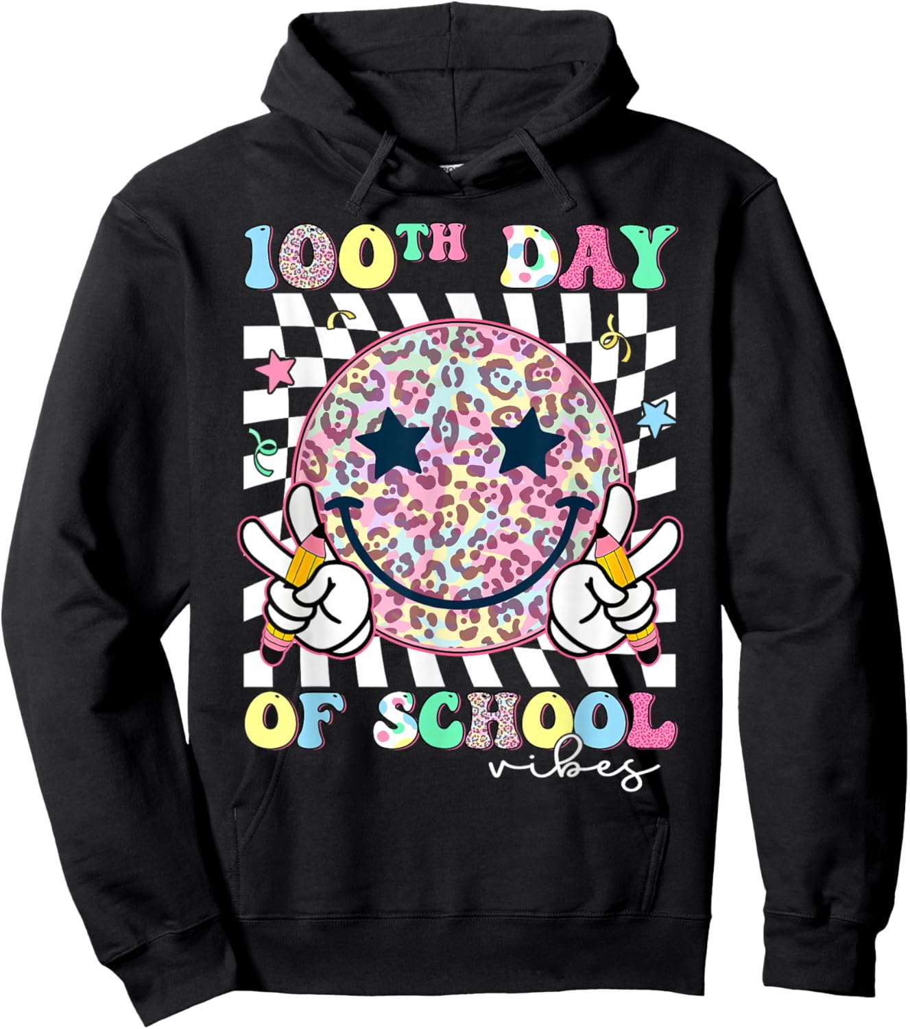 Leopard Smile Face 100th Day of School Vibes Teacher Kid Hoodie - Hoodie | Black