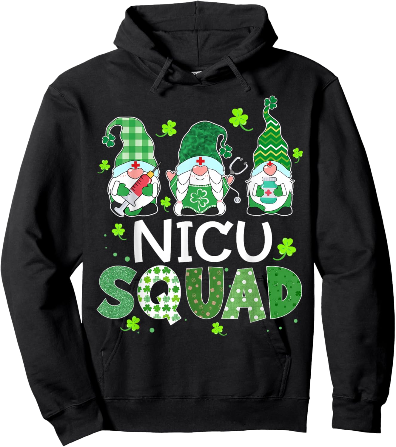 NICU Squad Gnome Nurse Stethoscope Shamrock St Patricks Day Hoodie - Hoodie | Black