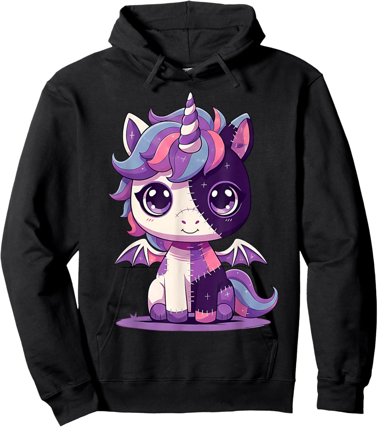 Kawaii Pastel Goth Creepy Cute Zombie Patchwork Unicorn Girl Hoodie - Hoodie | Black