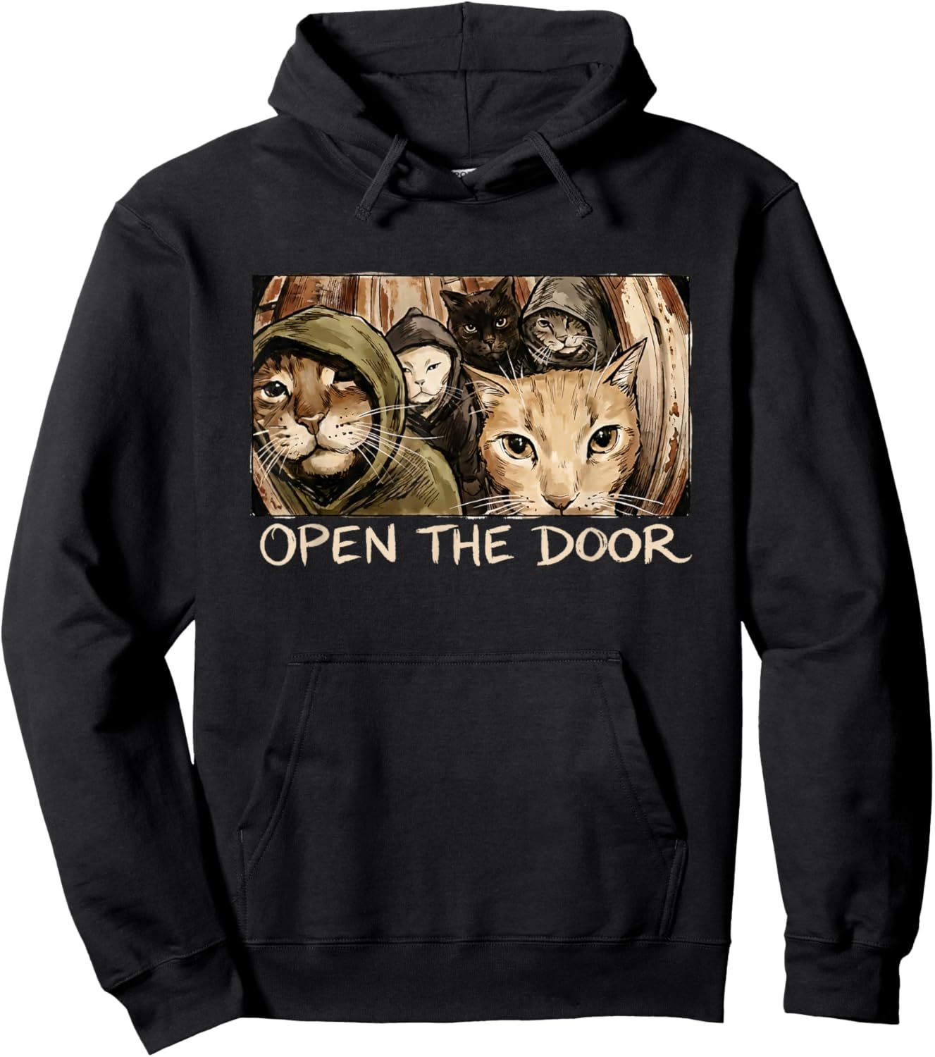 Vintage Open The Door Funny Meme Gang Sarcastic Cat Lover Hoodie - Hoodie | Black