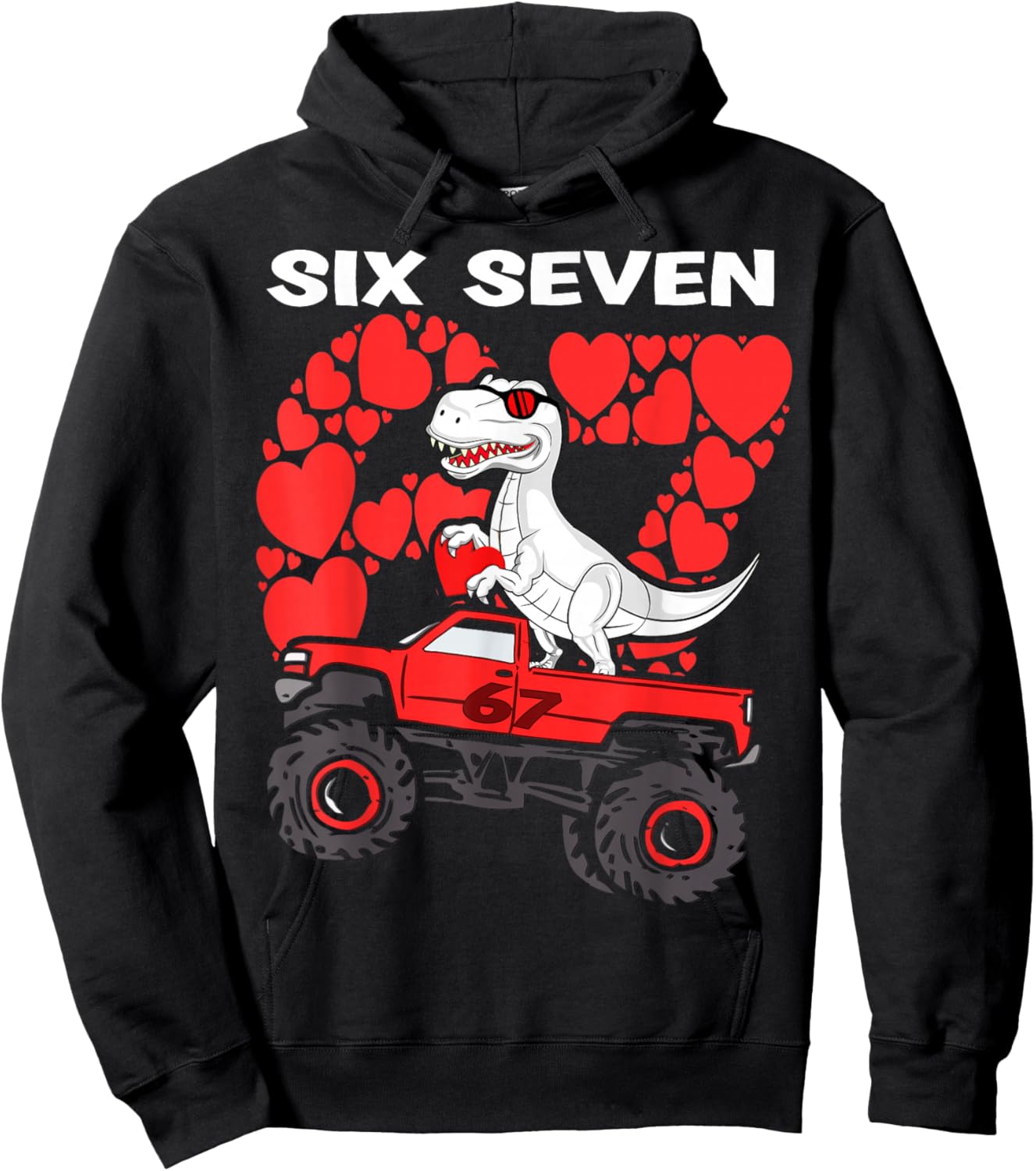 Valentines Day Boys Kids Truck Hearts Dinosaur six Seven 67 Hoodie - Hoodie | Black