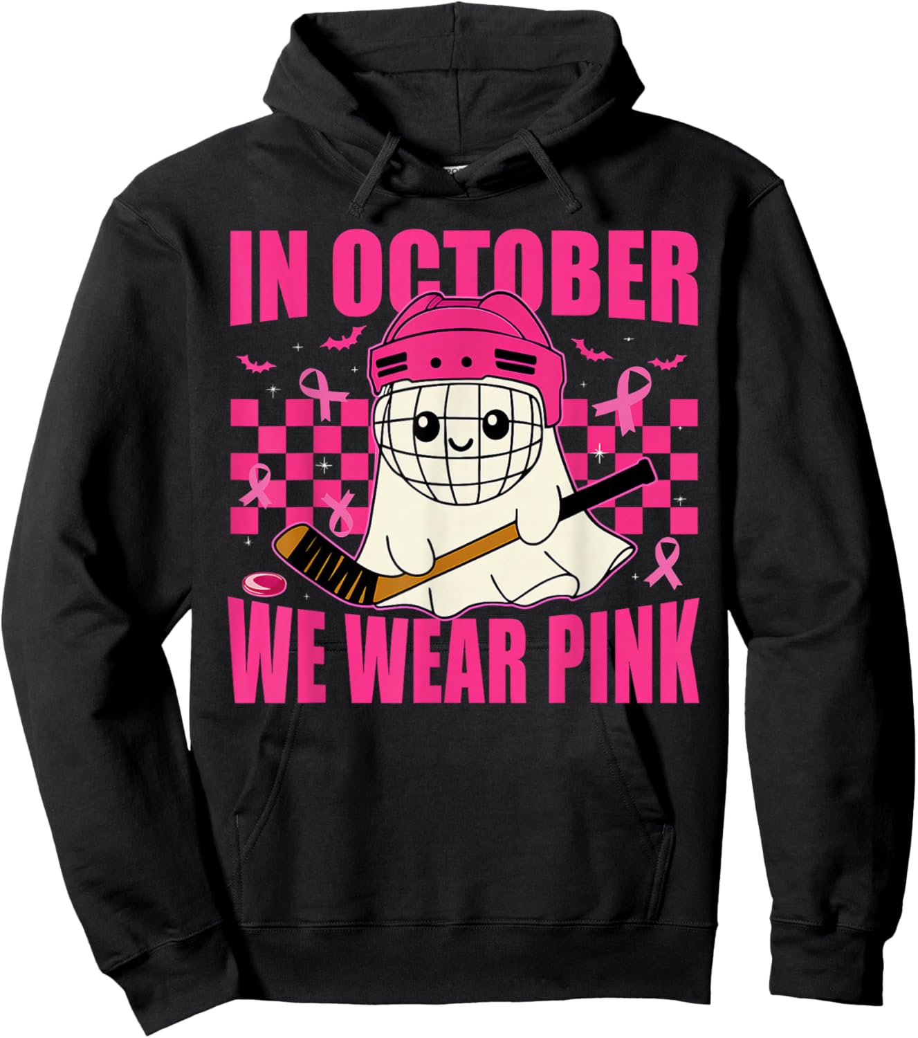 in October We Wear Pink Hockey Ghost Breast Cancer Awareness Hoodie - Hoodie | Black