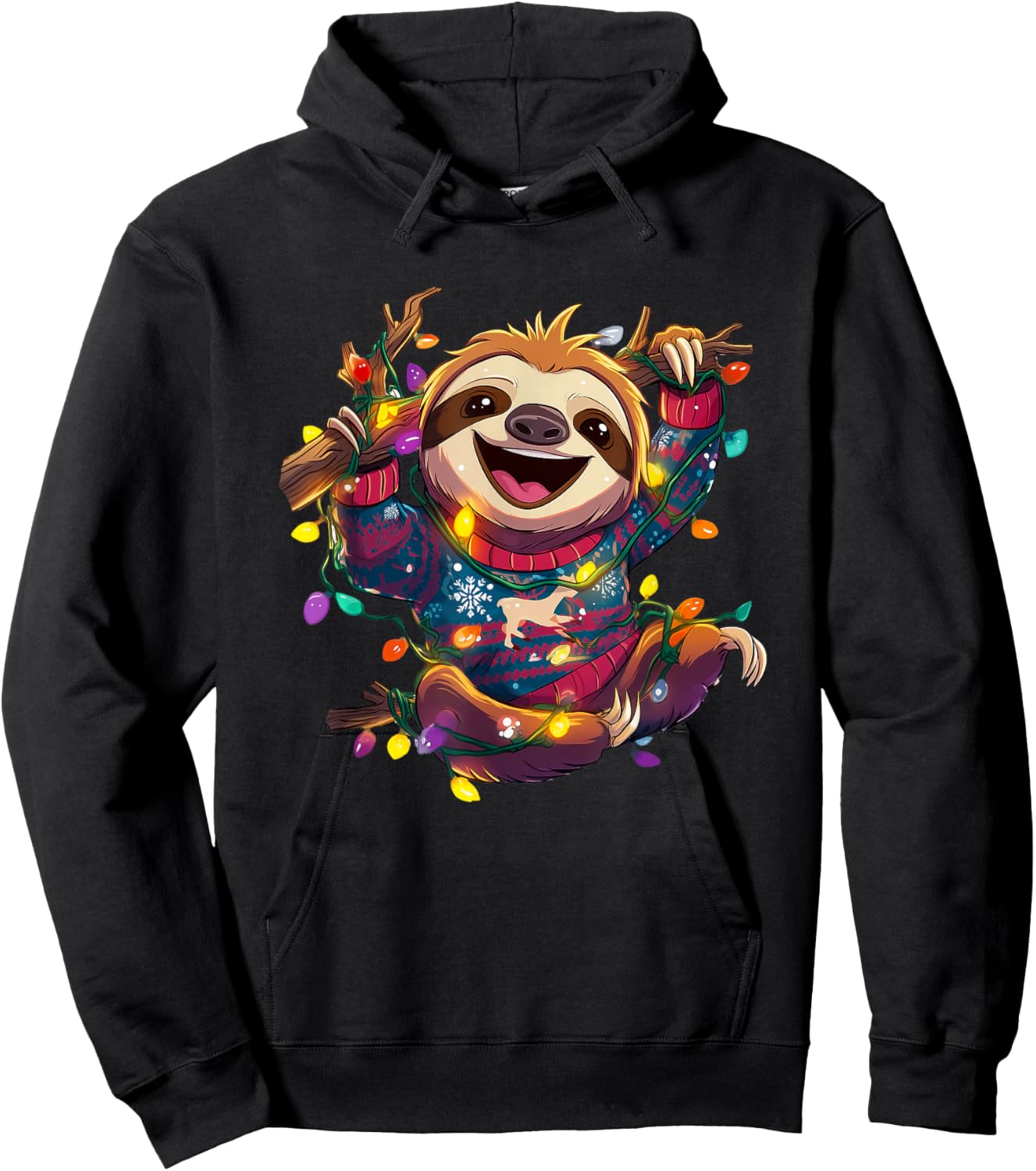 Colorful Sloth with Christmas Light and Xmas Sweater Hoodie - Hoodie | Black
