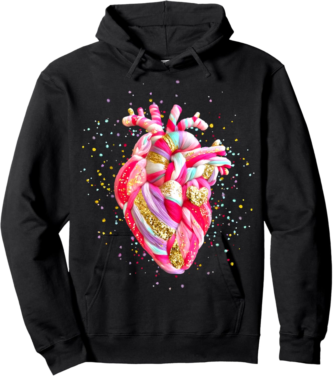 Colorful Heart Valentines Latch Hook Yarn Crochet Heart Hoodie - Hoodie | Black