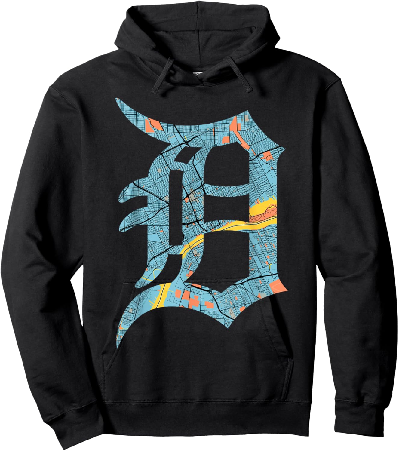 Distressed Detroit D Logo Lettering Road Map Native Design Hoodie - Hoodie | Black