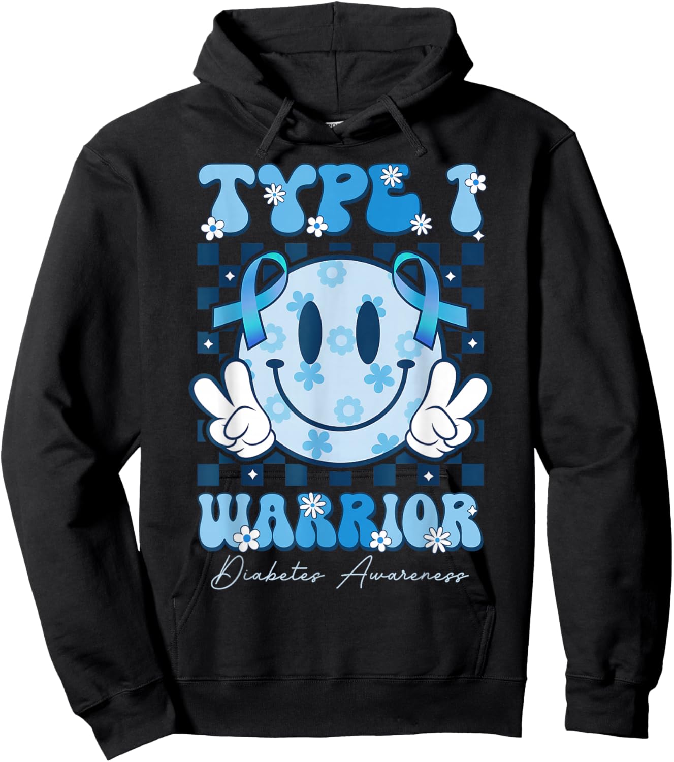T1D Warrior Type 1 Diabetes Awareness Blue Ribbon Cute Face Hoodie - Hoodie | Black