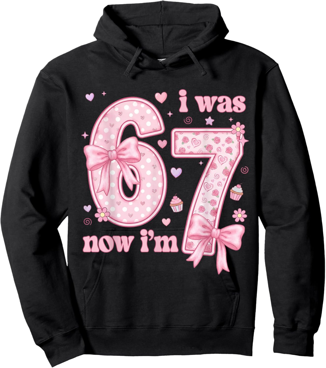 7 Years Old Birthday Bow I was 6 Now I'm 7 7th Birthday 67 Hoodie - Hoodie | Black