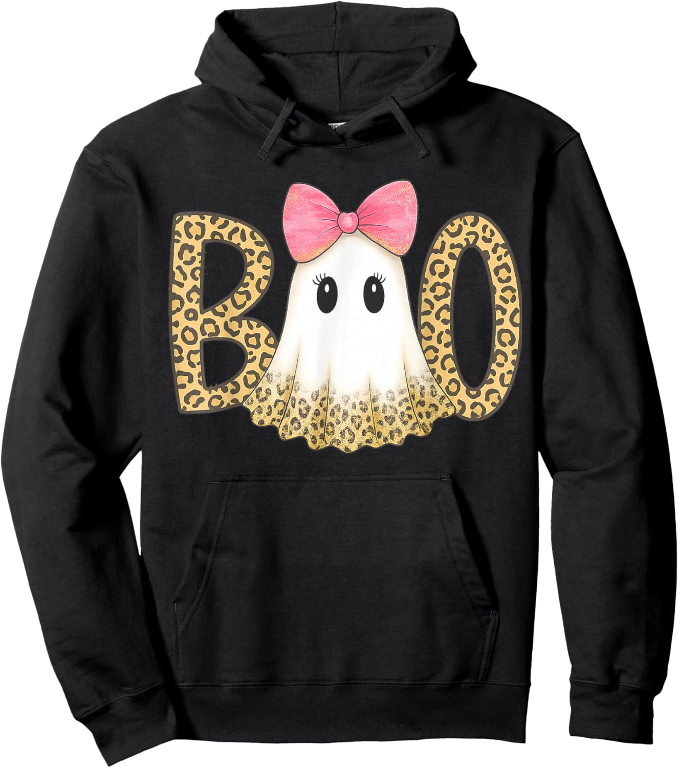 Cute Leopard Print Boo Ghost with Pink Bow Halloween Hoodie - Hoodie | Black