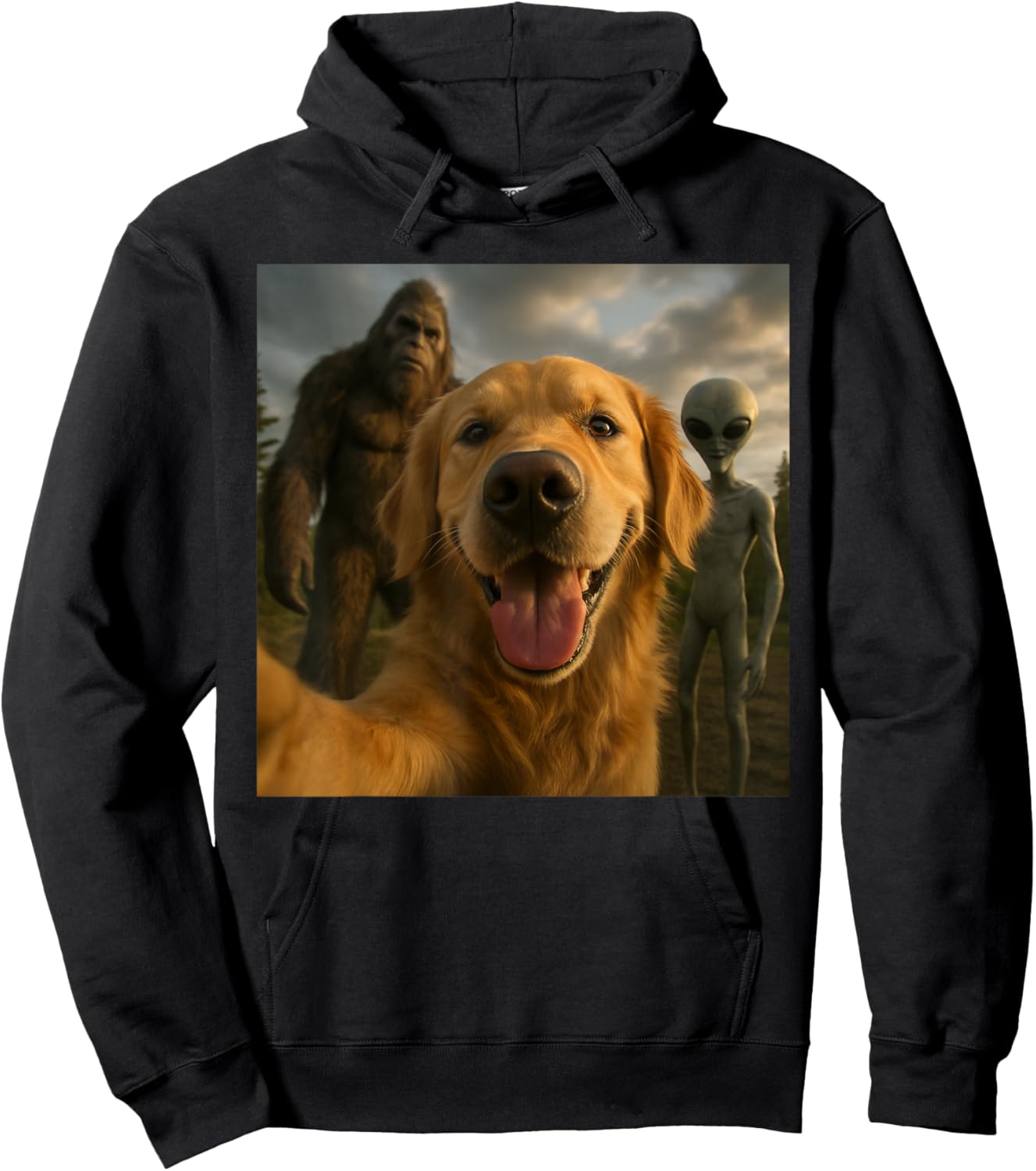 Funny Golden Retriever Dog Selfie with Alien & Bigfoot Hoodie - Hoodie | Black