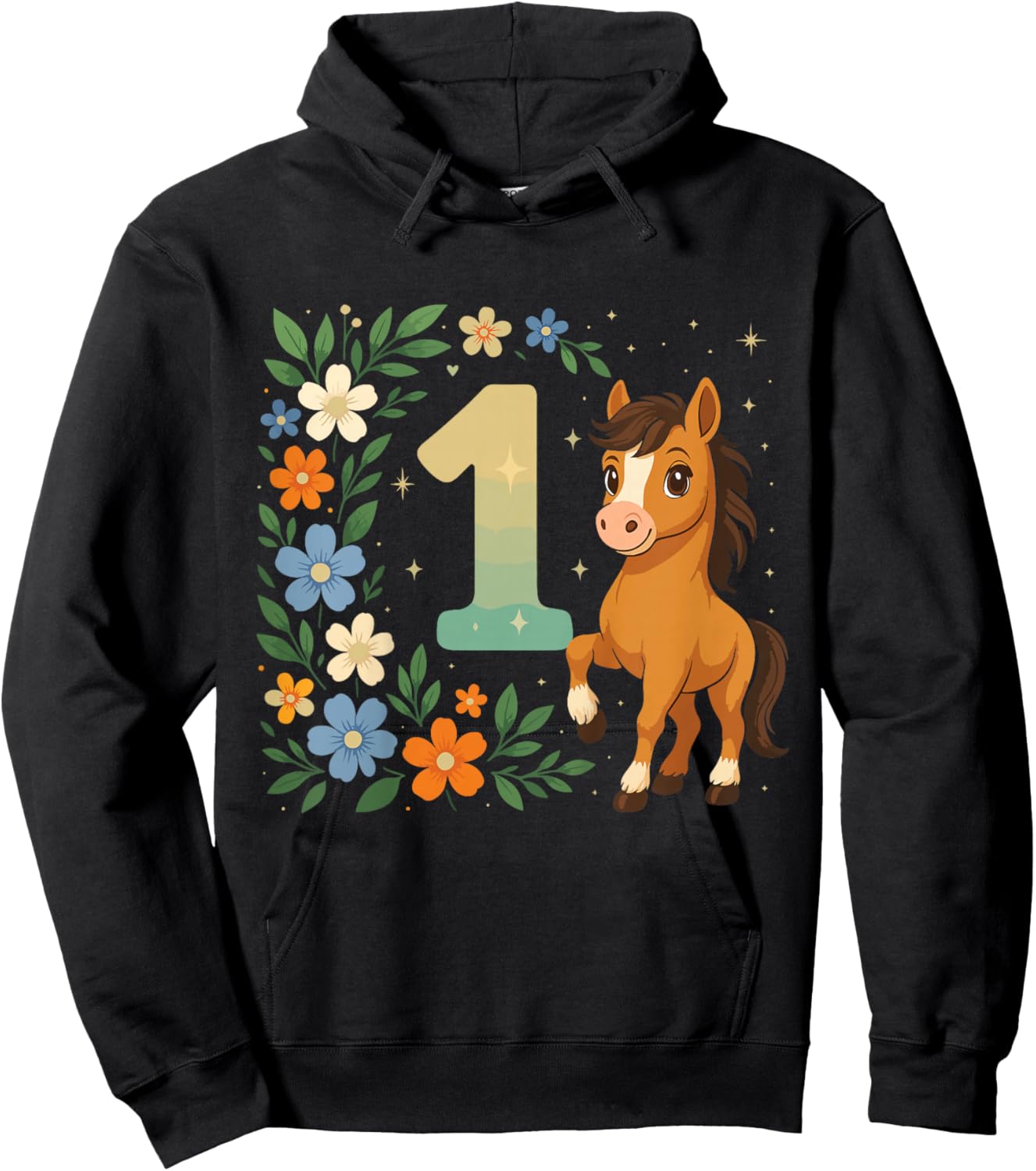 1st Birthday Girl Pony Horse Flowers 1 Year Old Hoodie - Hoodie | Black