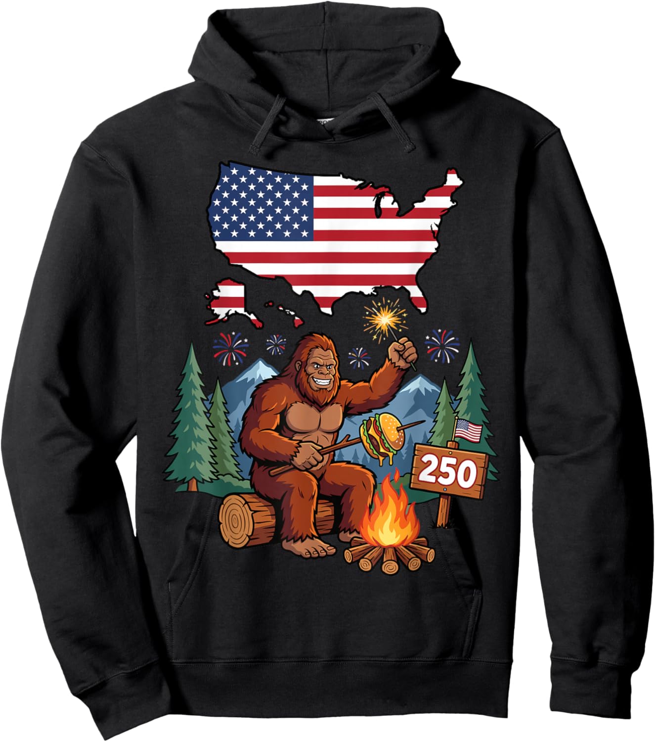 Bigfoot Campfire USA 1776 2026 Patriotic Sasquatch Hoodie - Hoodie | Black