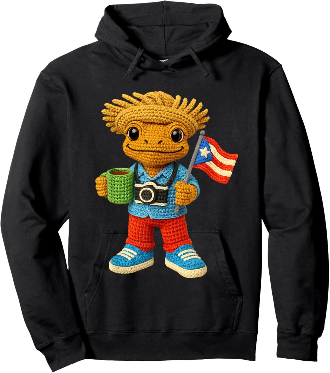 Puerto Rican Crochet Frog Boricua Amigurumi Island Pride Hoodie - Hoodie | Black