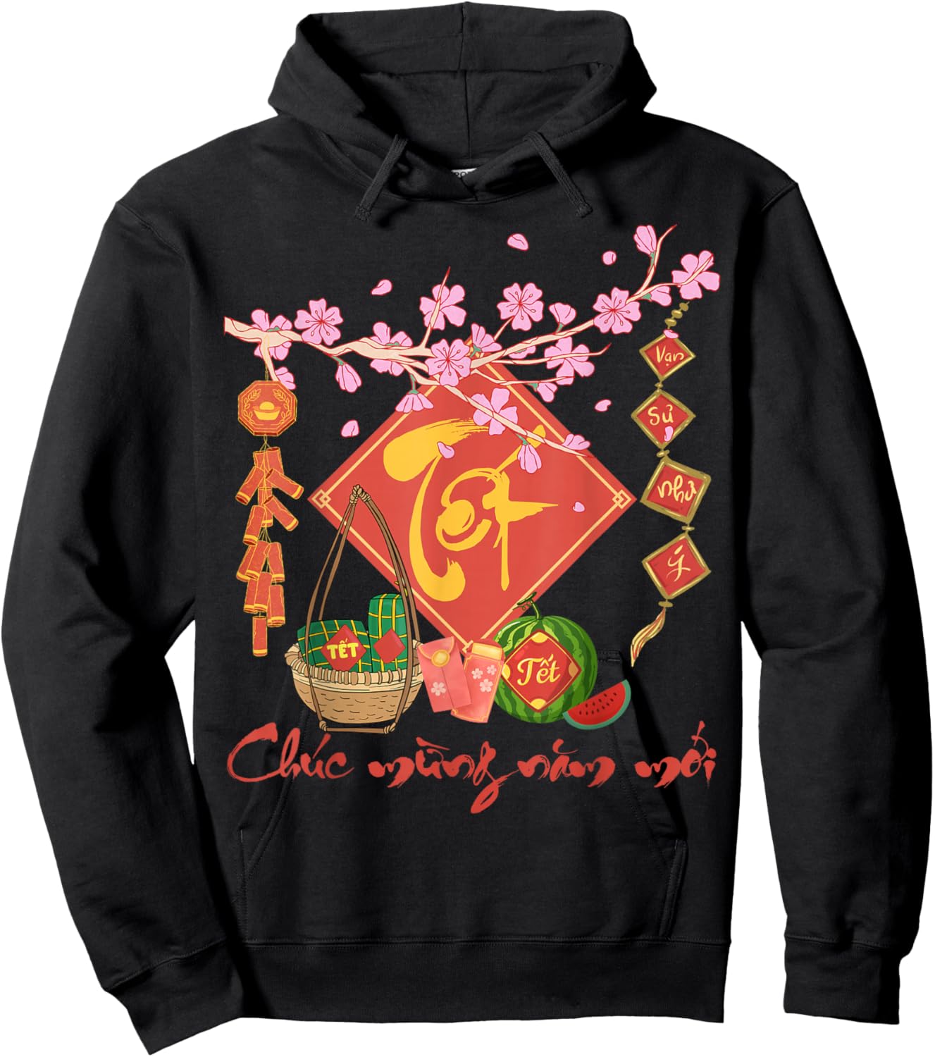 Peach Blossom Vietnamese Lunar New Year Horse 2026 Happy TET Hoodie - Hoodie | Black