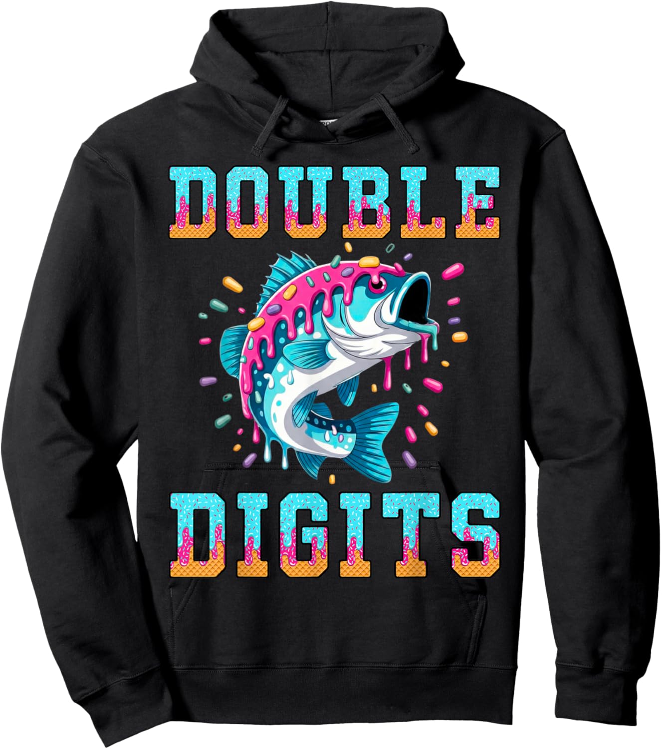 Fishing 10th Birthday Shirt Double Digits Ice Cream Drip Hoodie - Hoodie | Black