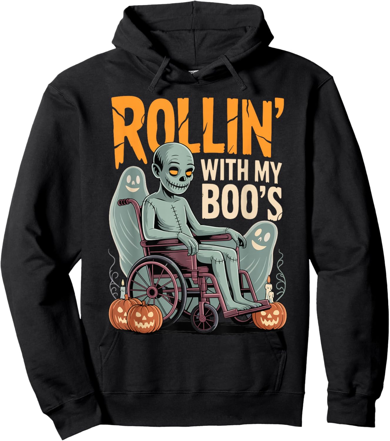 Halloween Wheelchair Costume Handicap Joke Rollin with Boo's Hoodie - Hoodie | Black