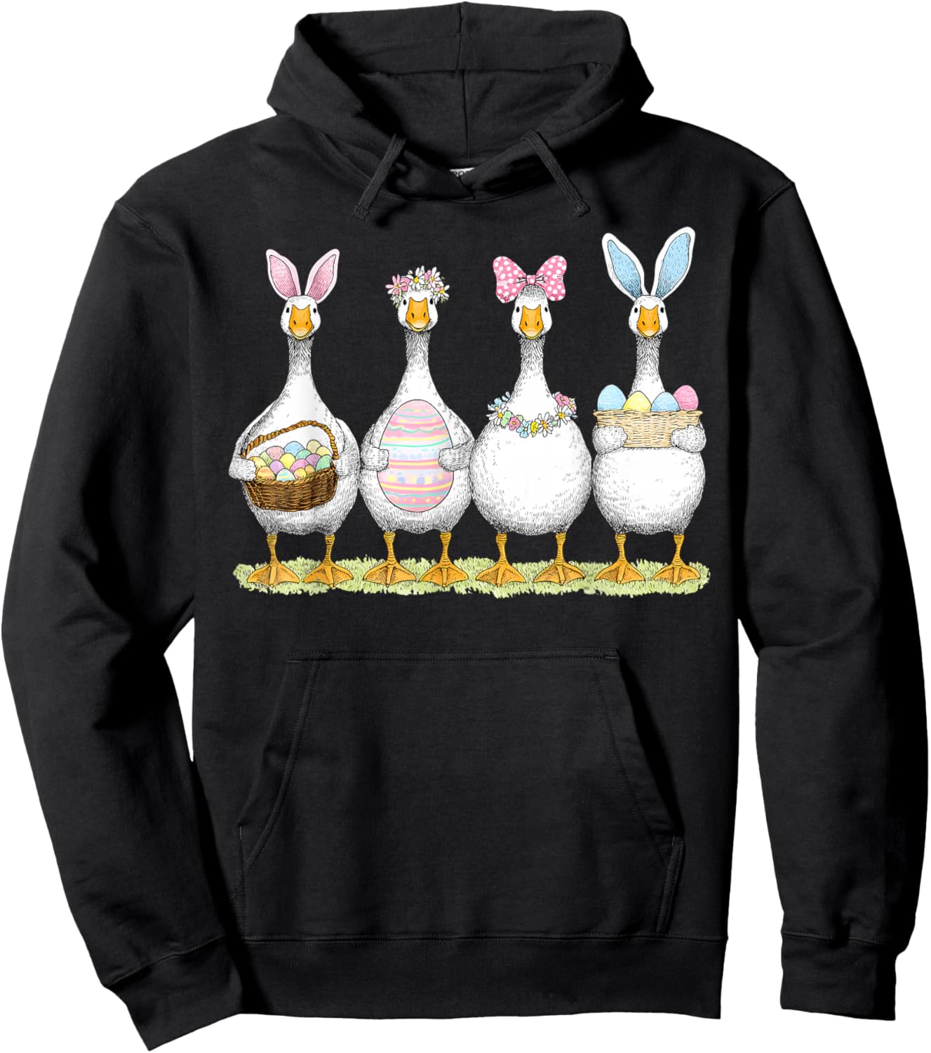 Happy Easter Cute Goose Bunny Ears Eggs Basket Girl Women Hoodie - Hoodie | Black