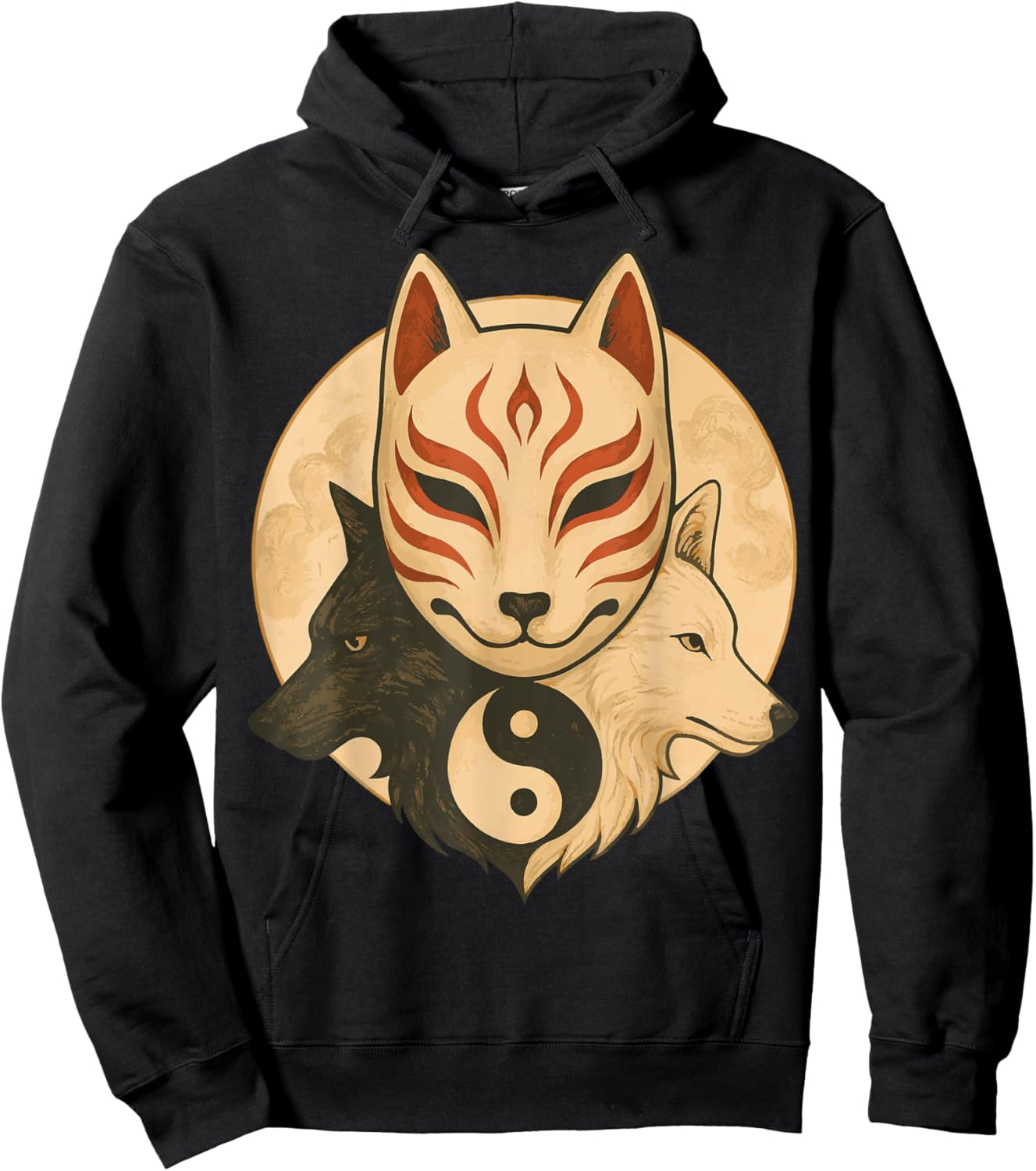 Kitsune Mask Yin Yang Wolves Balance Spirit Art Hoodie - Hoodie | Black