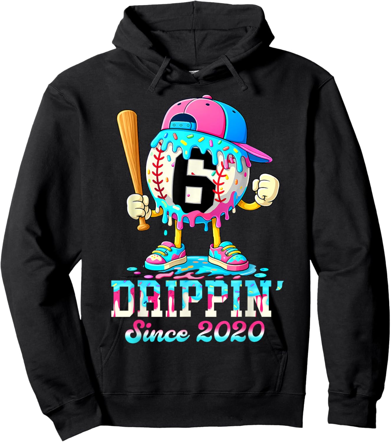 Baseball 6 Years Old Since 2020 Ice Cream 6th Birthday Boys Hoodie - Hoodie | Black