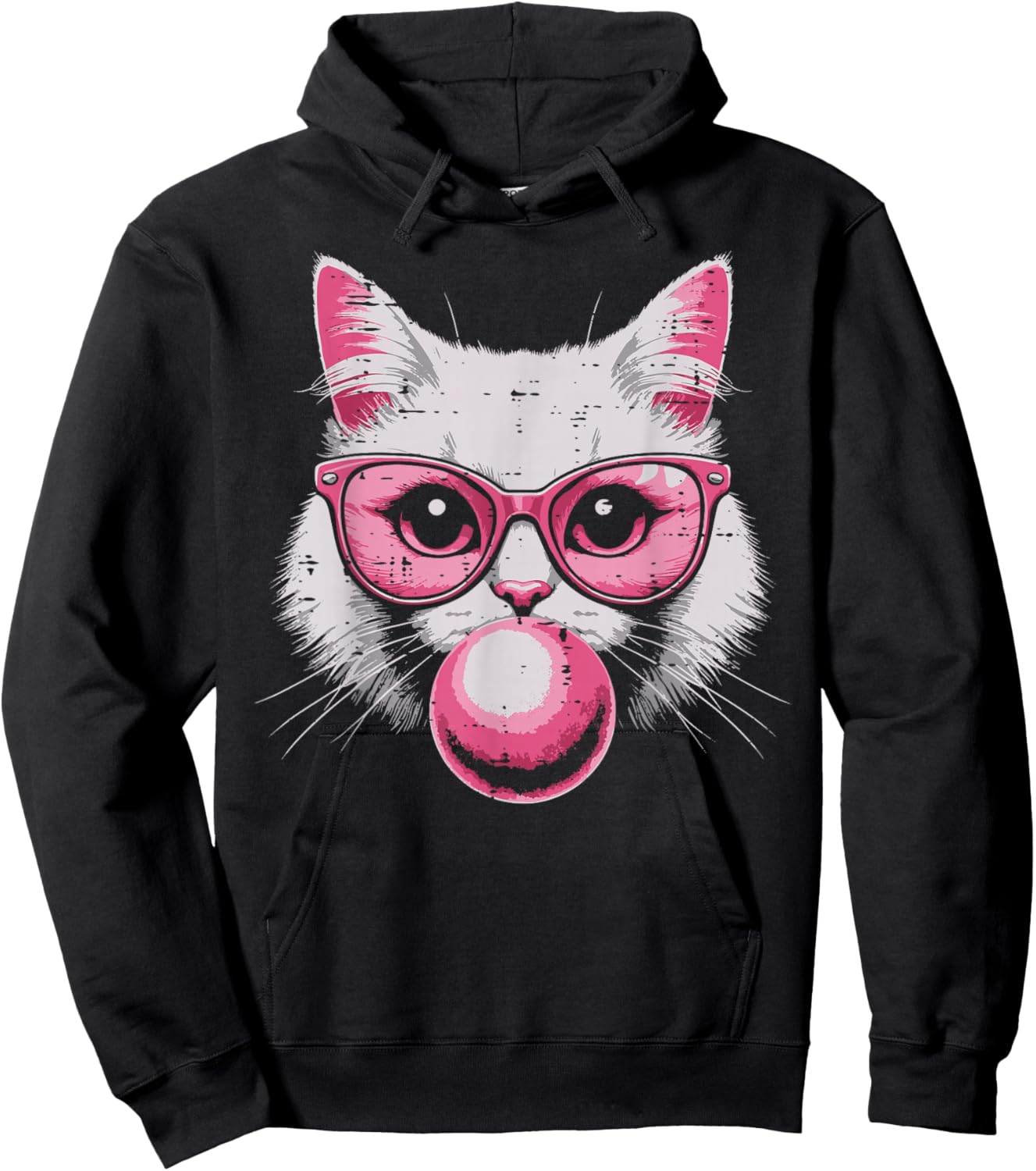 Cat Face Pink Glasses Bubble Gum Cute Kitty Women Girls Kids Hoodie - Hoodie | Black