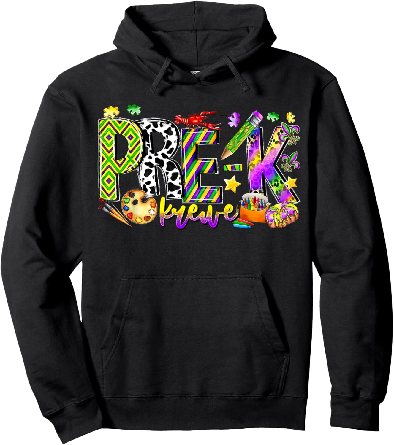 Retro Pre-k Krewe Mardi Gras Carnival Preschool Teacher Team Hoodie - Hoodie | Black