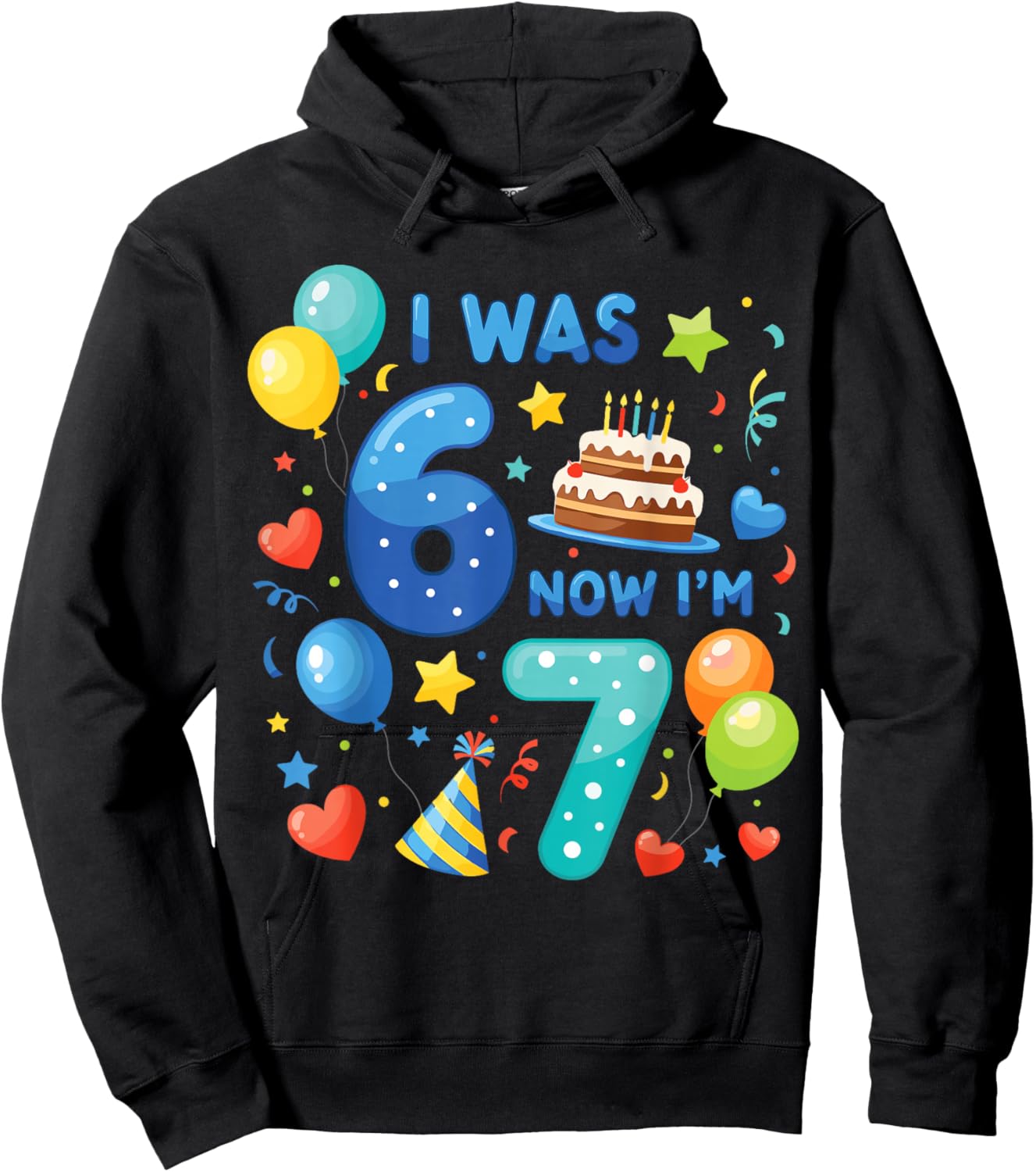 7th Birthday Boys I was 6 Now I’m 7 Birthday Party Kids Hoodie - Hoodie | Black