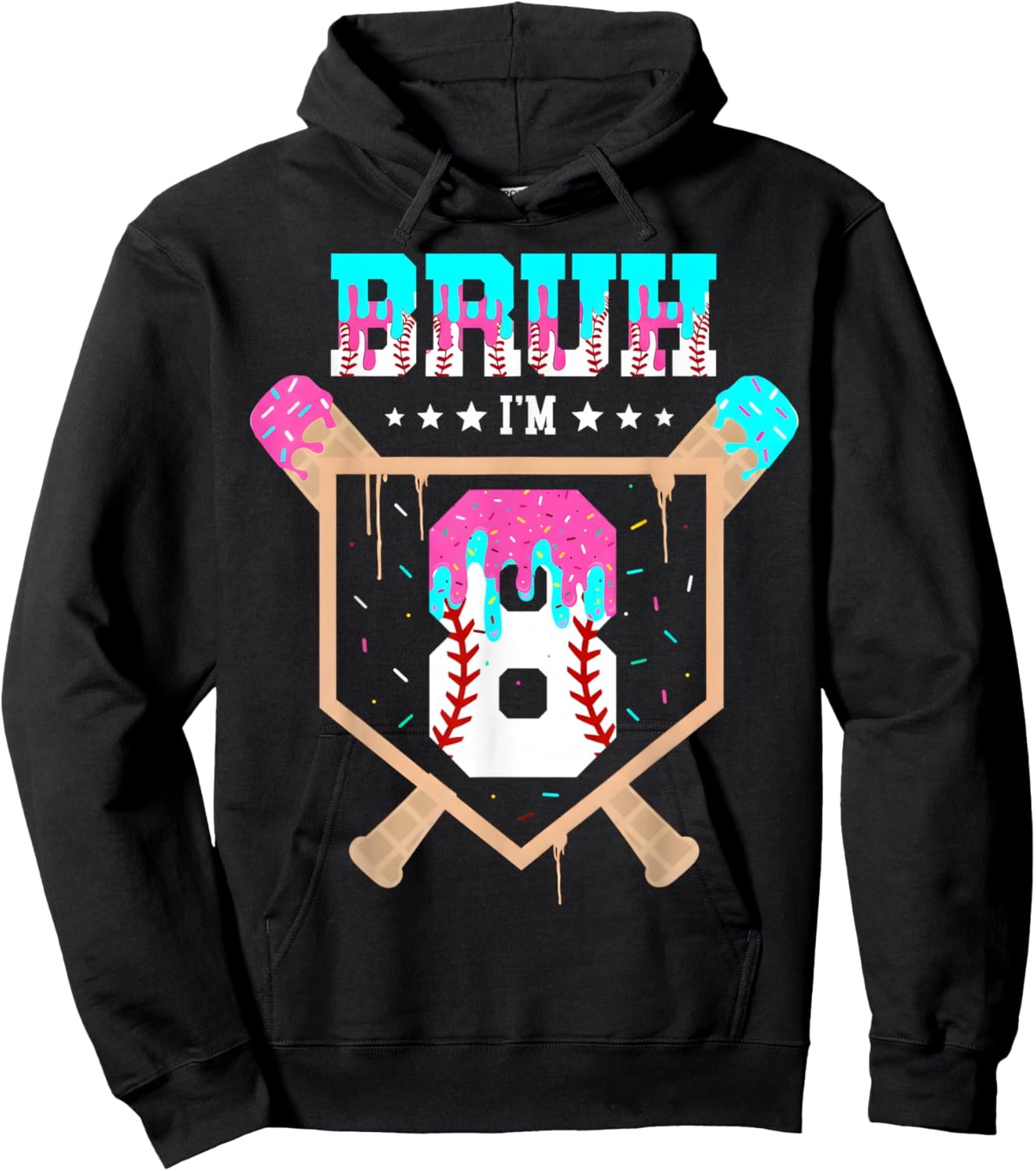 Baseball 8 Year Old Ice Cream Drip 8th Birthday Boys Player Hoodie - Hoodie | Black