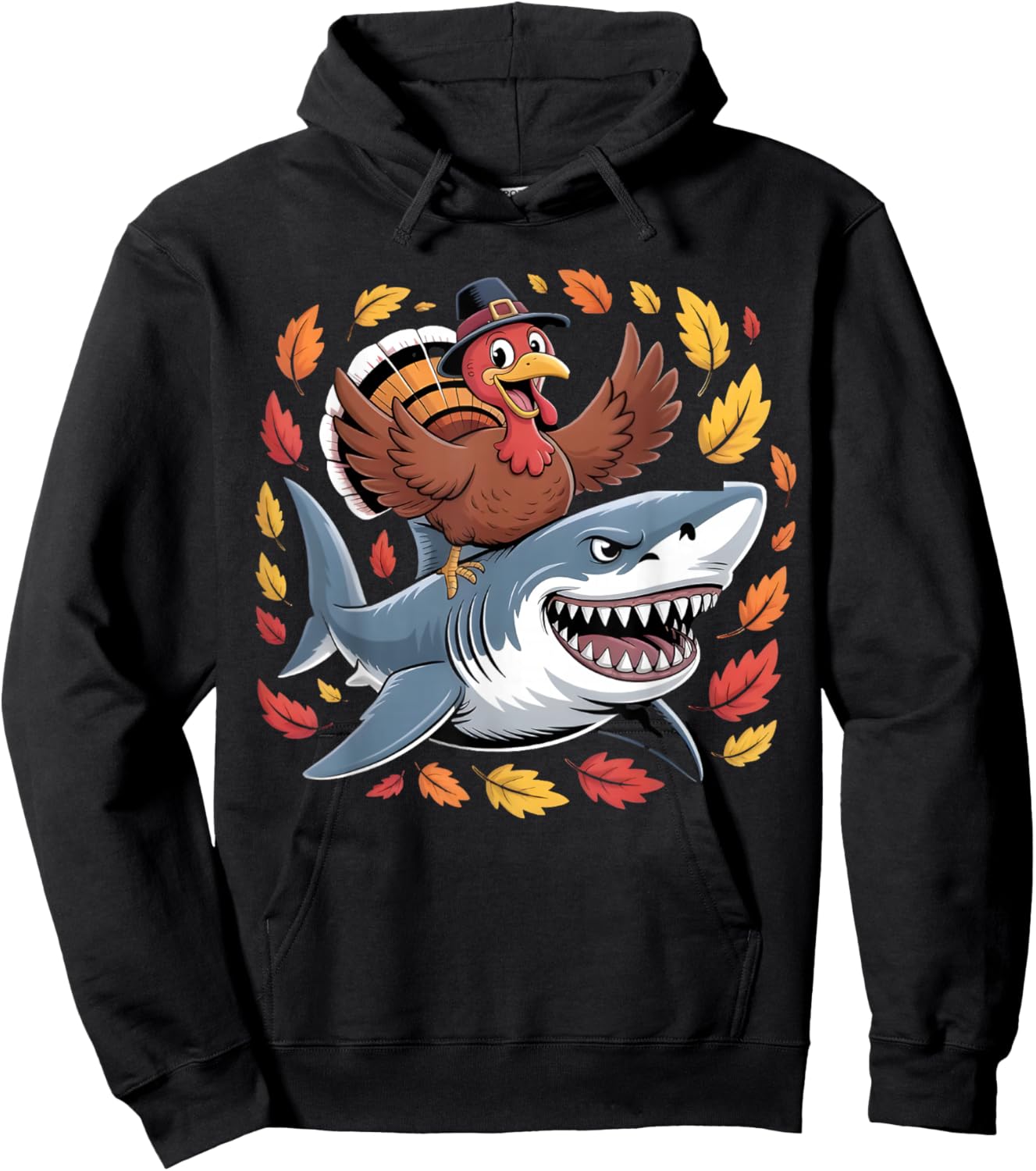 Thanksgiving Turkey Riding Shark Funny Autumn Boys Kids Hoodie - Hoodie | Black