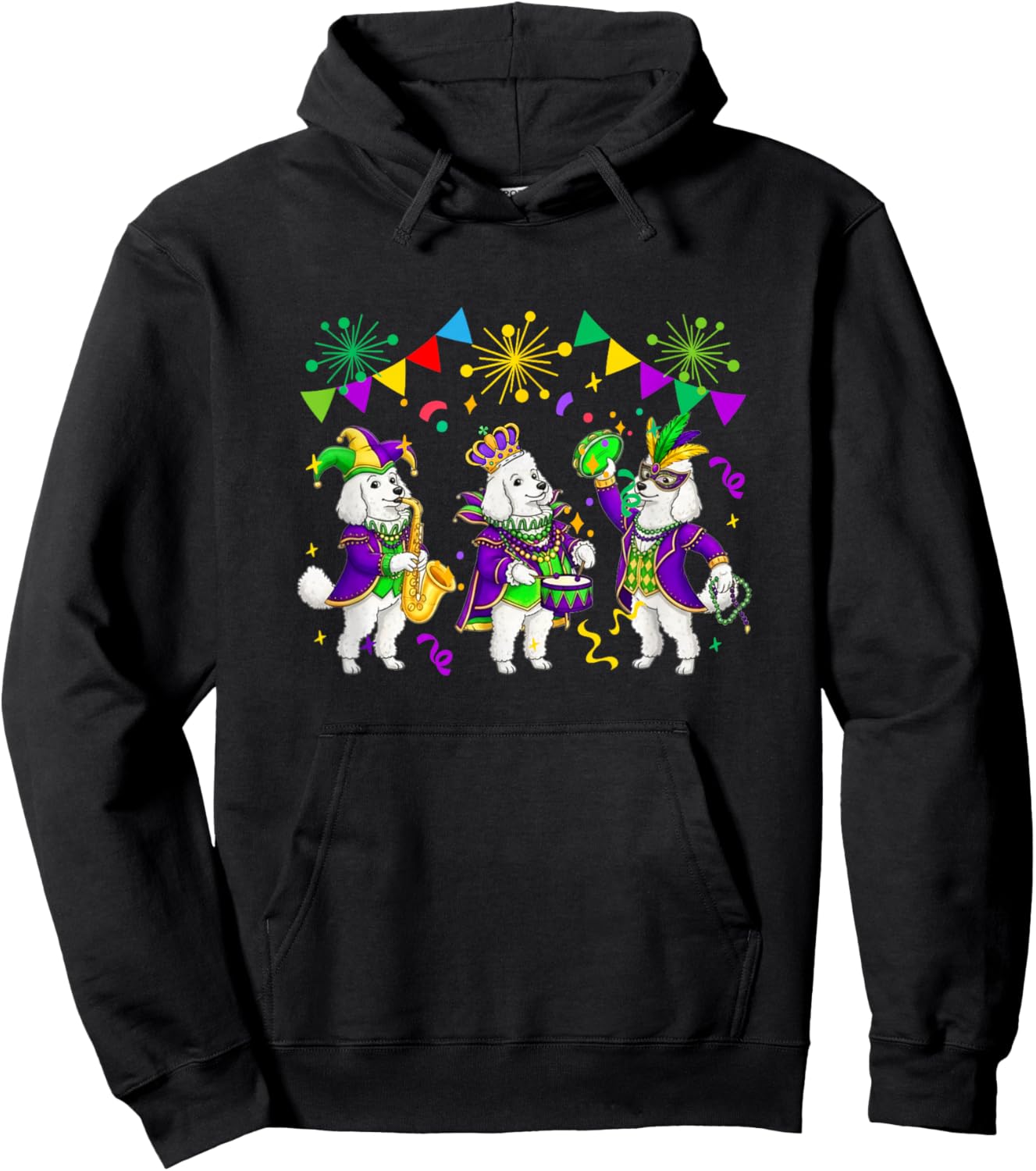 Three Cute Poodles Mardi Gras Masked Beads Funny Parades Hoodie - Hoodie | Black