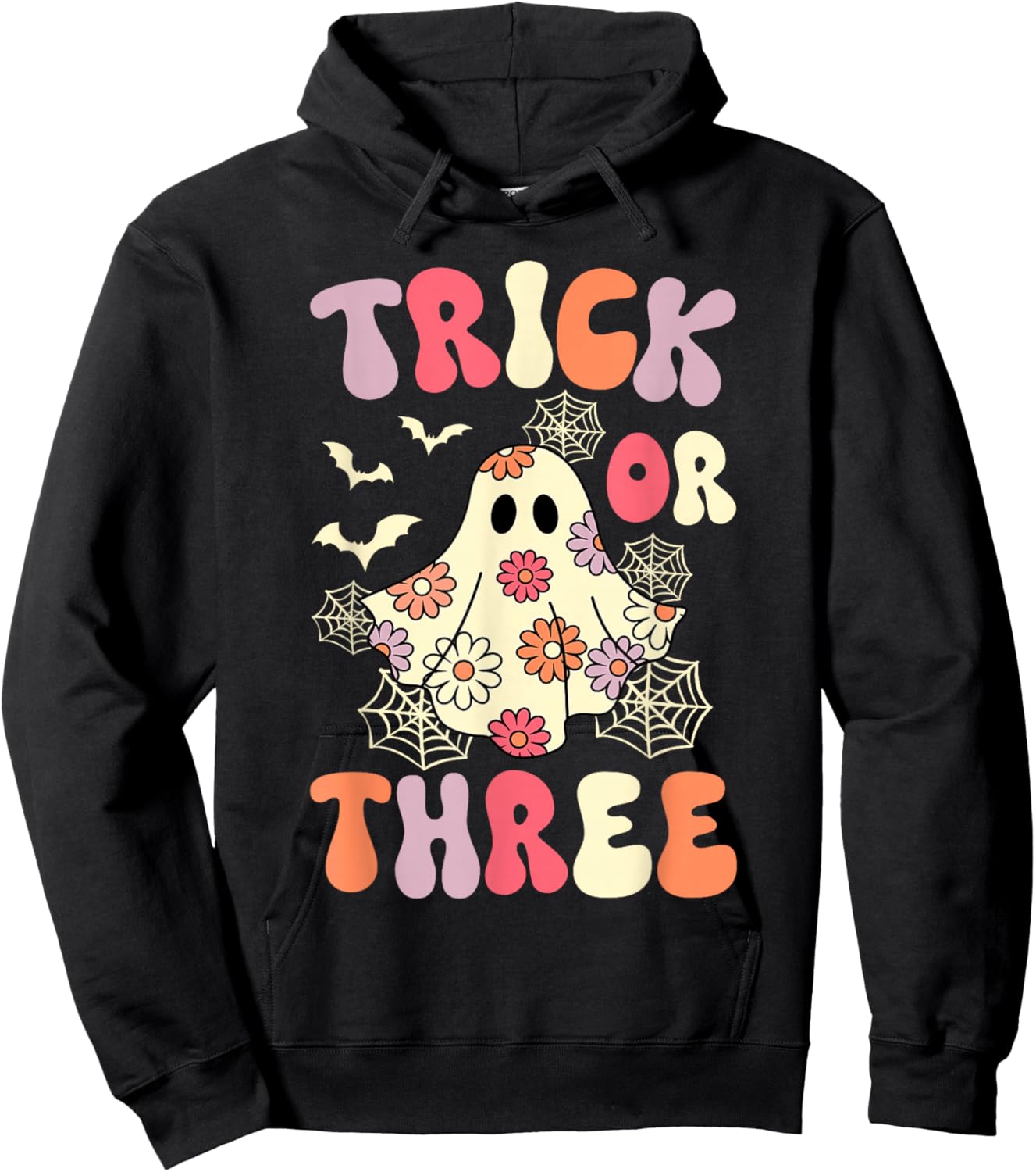 Trick Or Three 3 Years Old Birthday Groovy Ghost Halloween Hoodie - Hoodie | Black