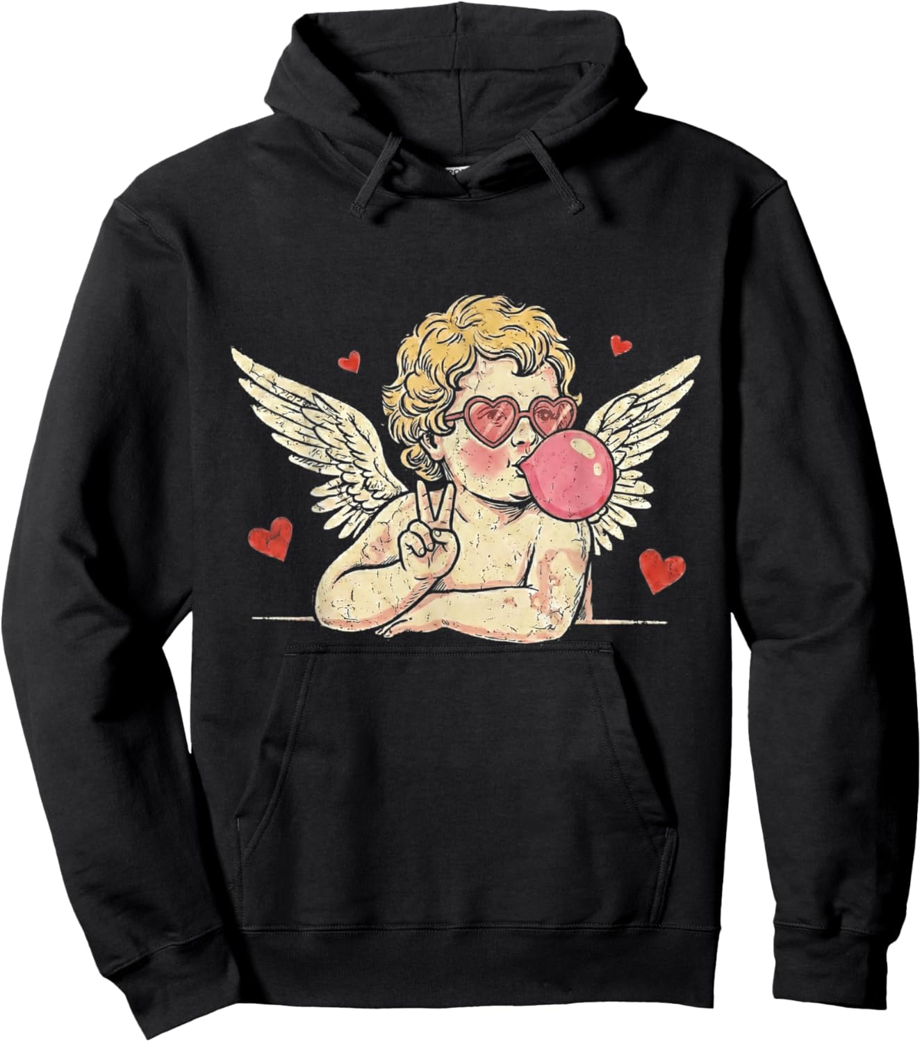 Retro Vintage Valentine Day Peace Sign Cupid Blowing Bubble Hoodie - Hoodie | Black