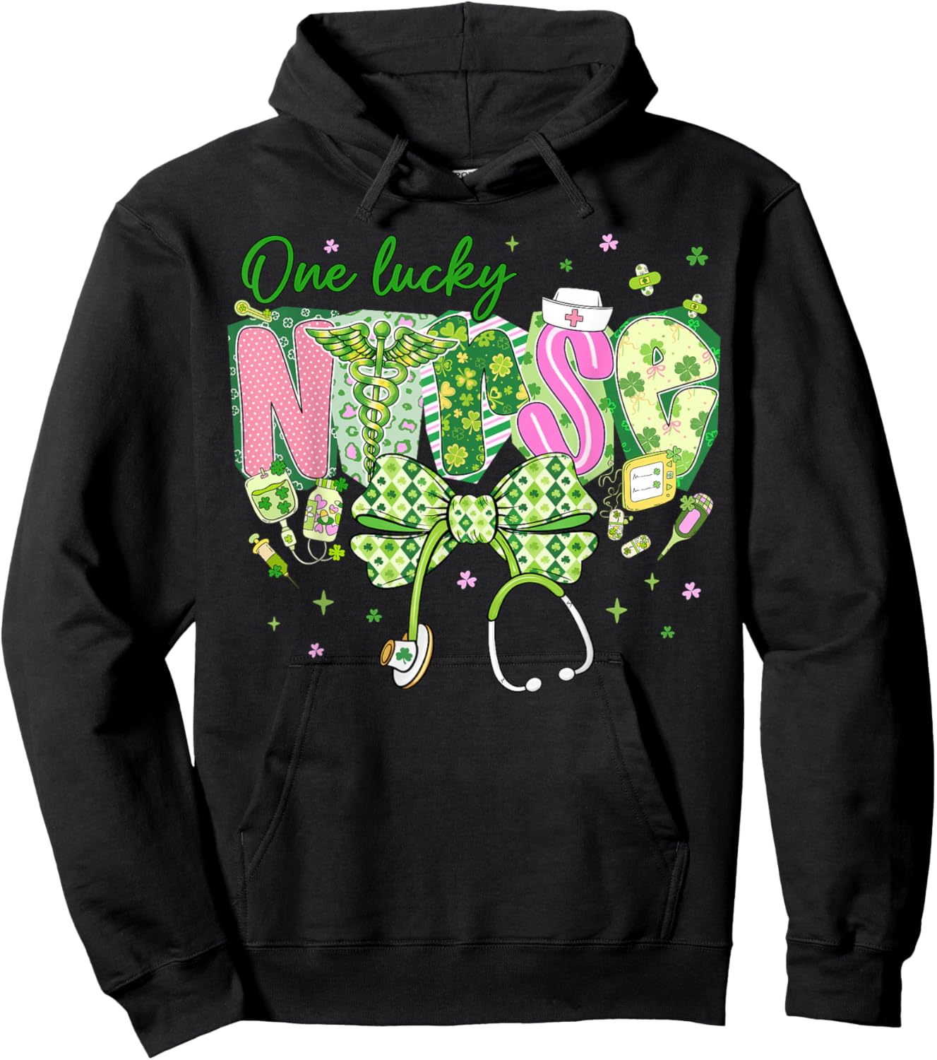 One Lucky Nurse St.Patrick's Day Coquette Bow Shamrock Women Hoodie - Hoodie | Black