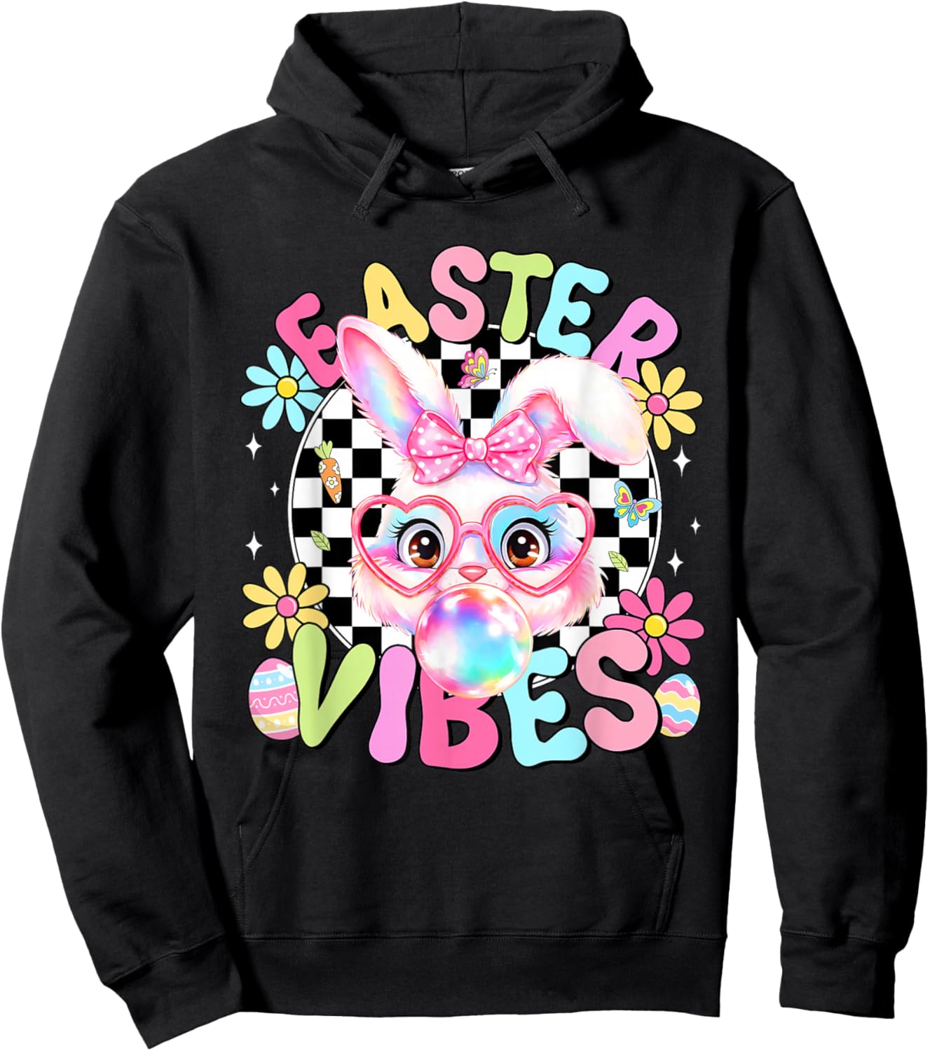 Happy Easter Vibes Cute Bunny Rabbit Bubble Gum Face Women Hoodie - Hoodie | Black