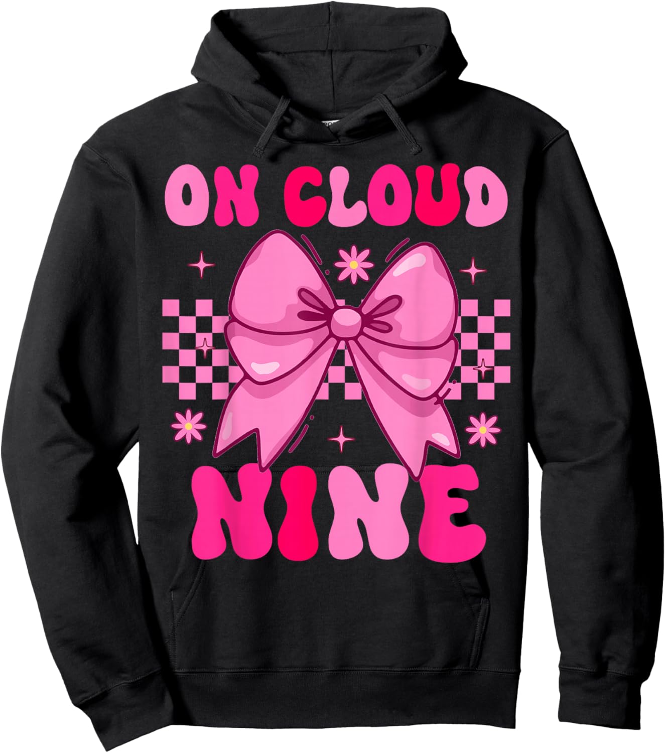 Groovy On Cloud Nine Bday 9th Birthday Girl Coquette Bow Hoodie - Hoodie | Black