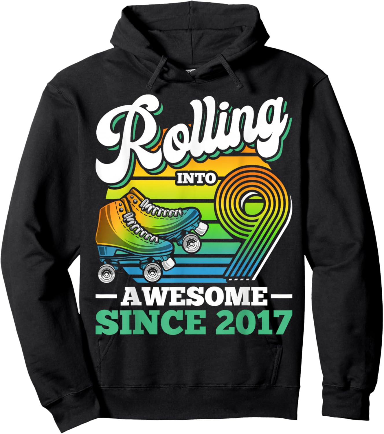 Rolling Into 9 Roller Skating Birthday Party 9th Birthday Hoodie - Hoodie | Black