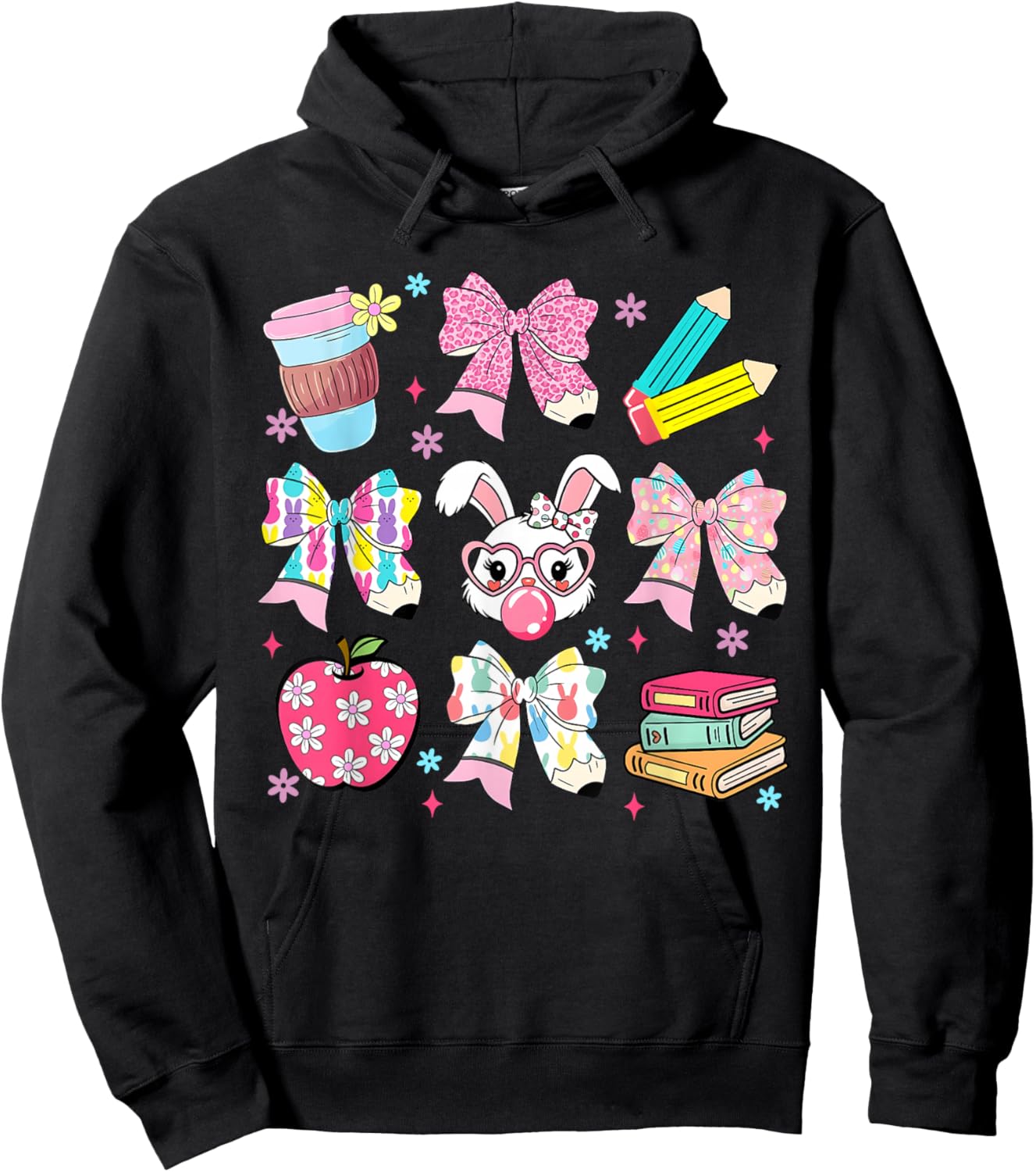 Happy Easter Teacher Bunny Eggs Coquette Bow Apple Women Hoodie - Hoodie | Black