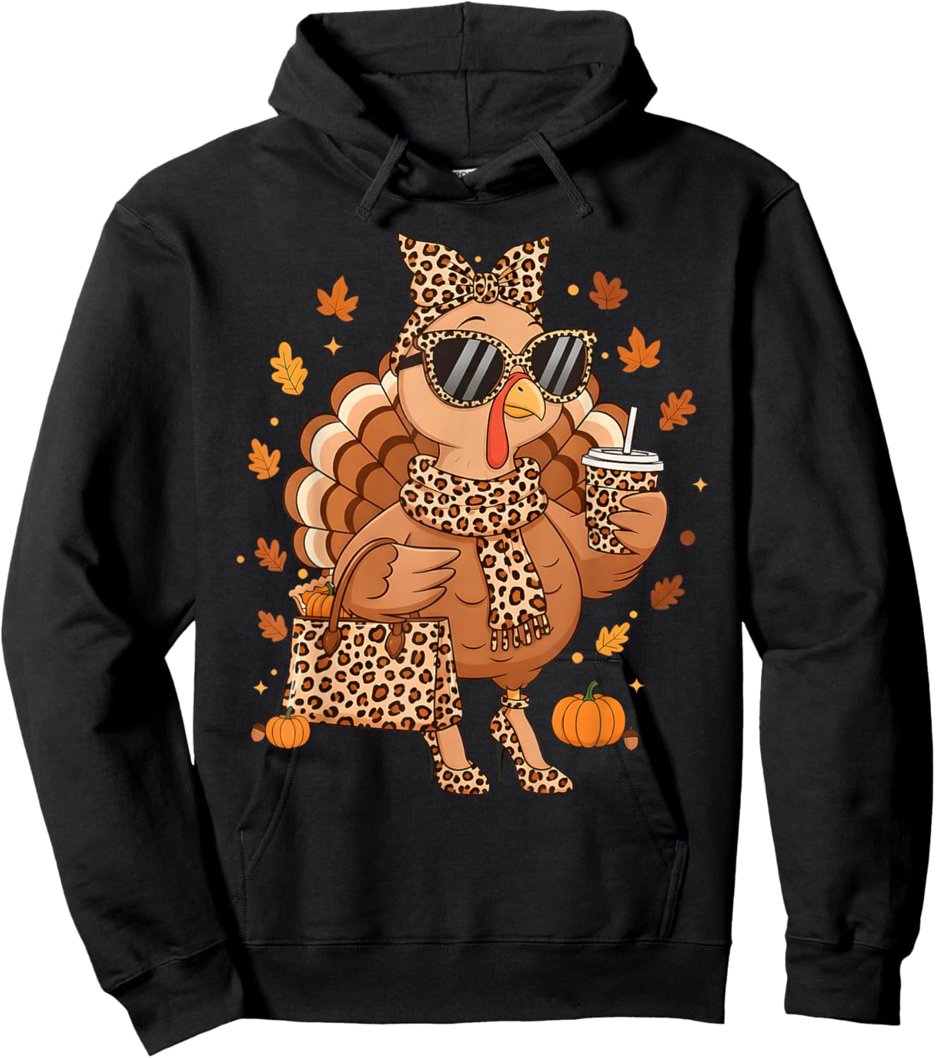 Boujee Turkey Leopard Autumn Fall Thanksgiving Women Girl Hoodie - Hoodie | Black