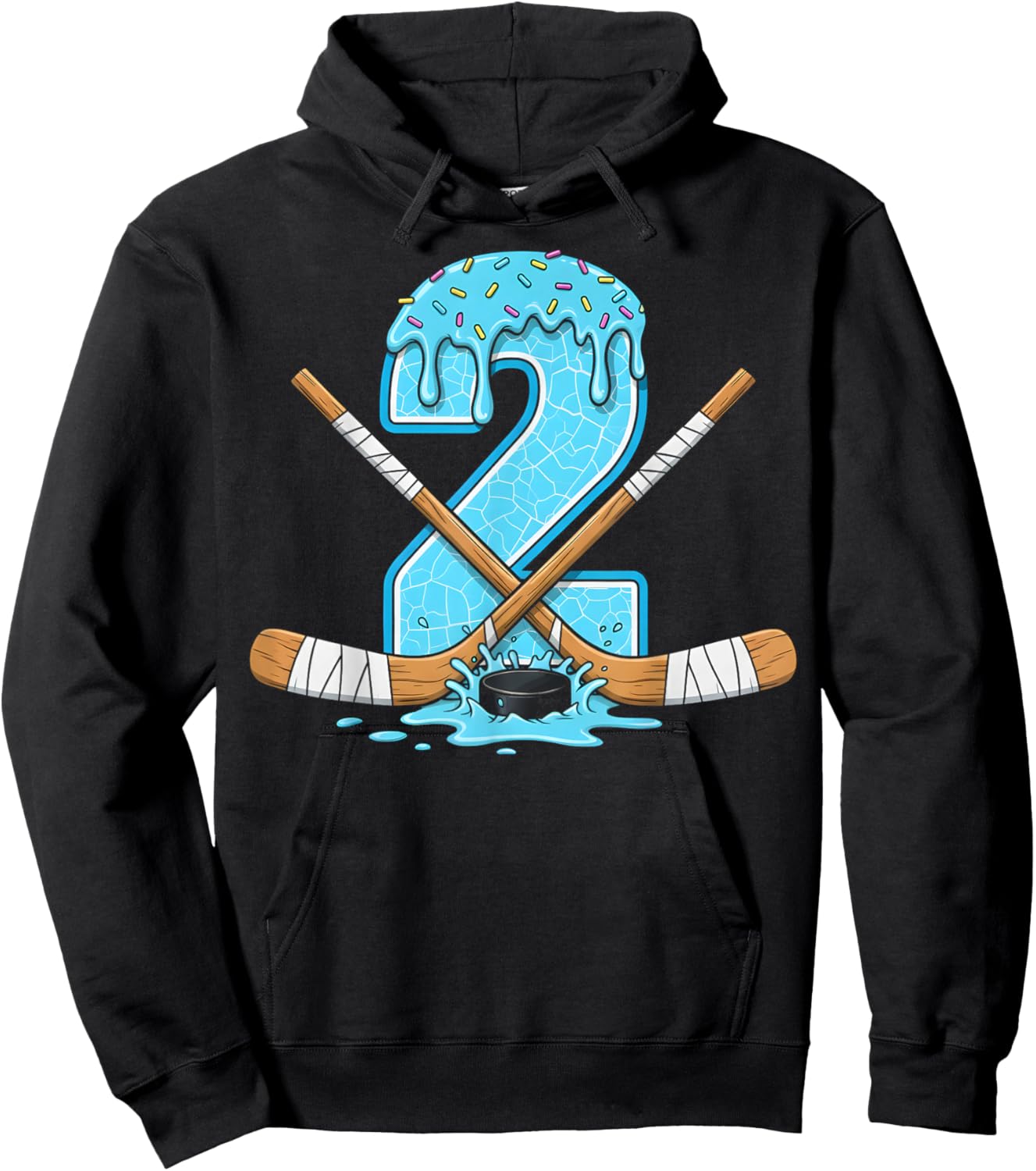 2 Year Old Hockey Ice Cream Drip Youth 2th Birthday Boys Hoodie - Hoodie | Black