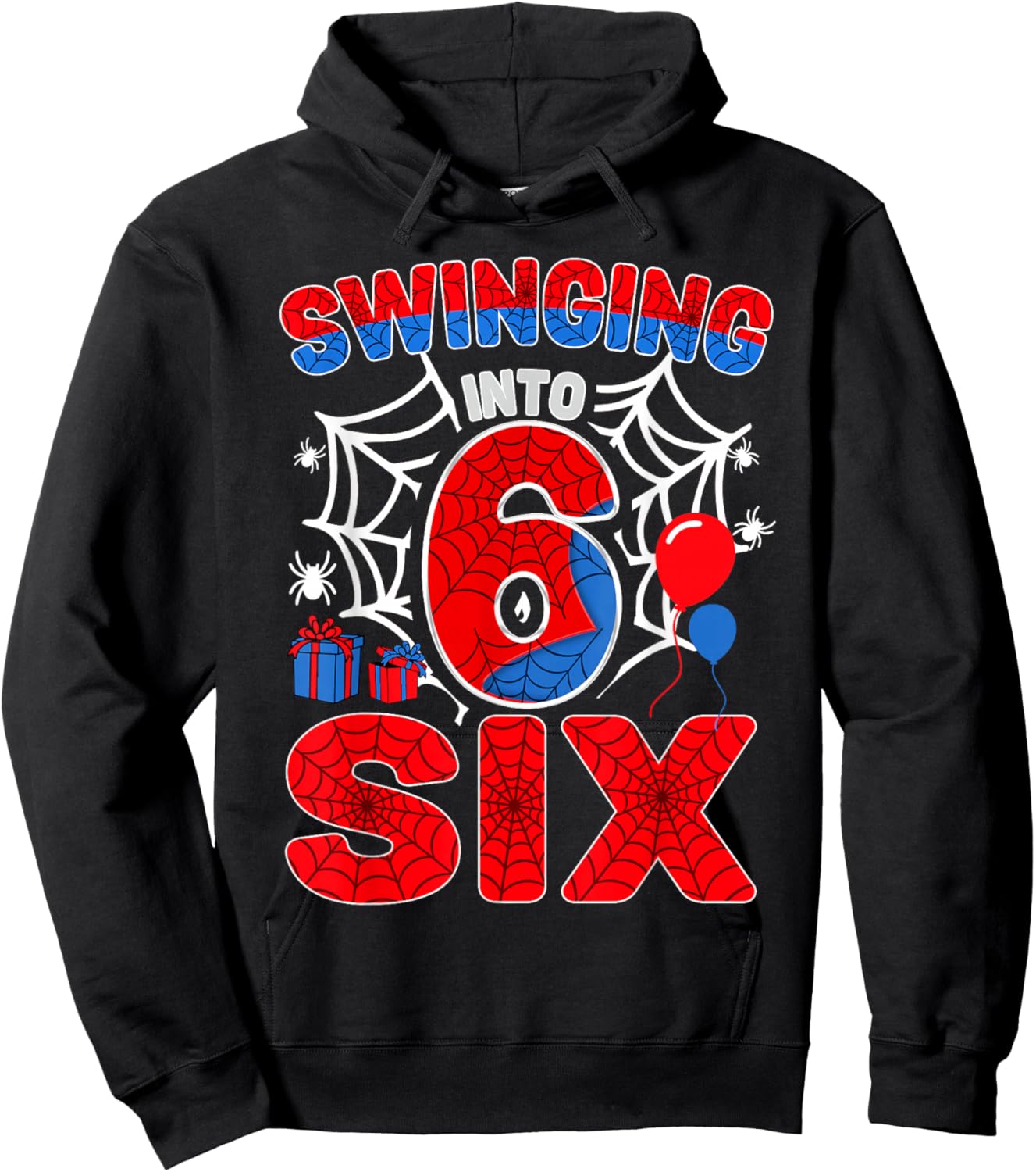 Swinging Into 6 Year Old Boy Funny 6th Spider Birthday Party Hoodie - Hoodie | Black
