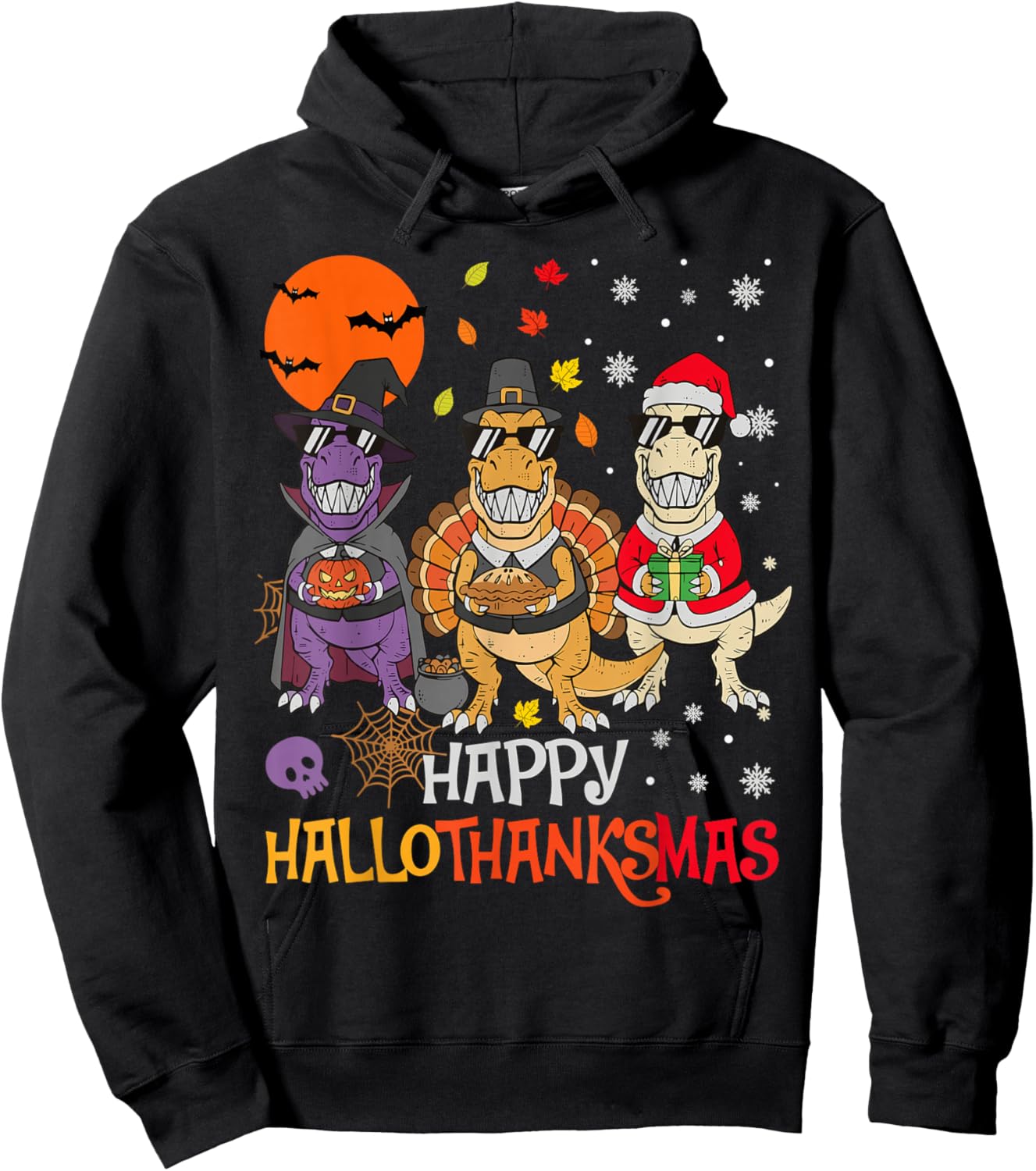 Happy Hallothanksmas Funny Dinosaur Lover Men Women Kids Hoodie - Hoodie | Black