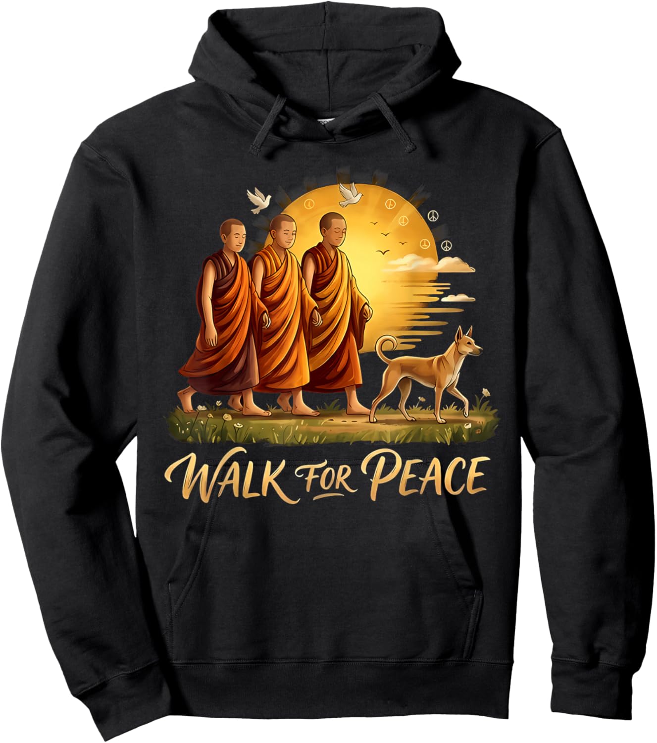 Walk for Peace Monks with Aloka Dog Sunset Peace Sign Art Hoodie - Hoodie | Black