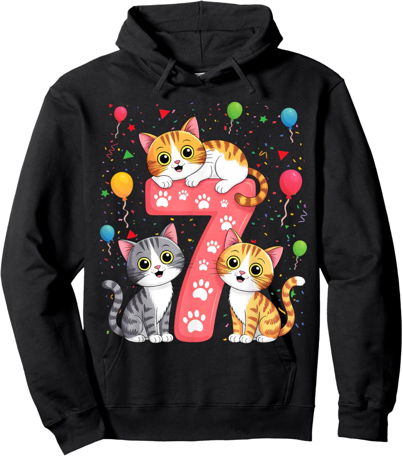 Kids 7th Birthday Girl Cats Outfit 7 Years Old Hoodie - Hoodie | Black