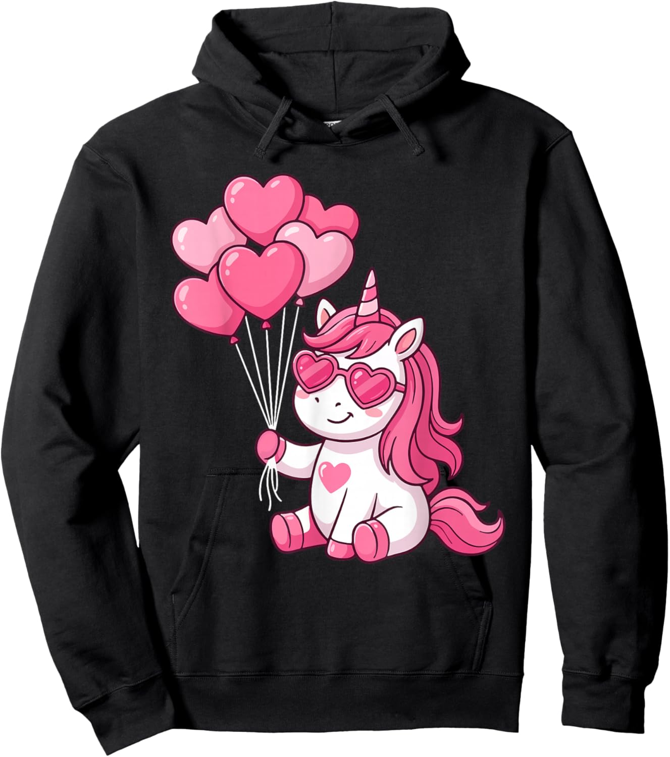 Cute Unicorn Valentines Day Lover Heart Balloon Kids Girl Hoodie - Hoodie | Black