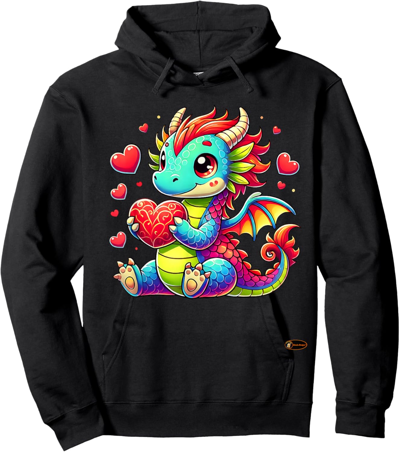 Cute Colorful Dragon Holding Heart Fantasy Cartoon for Kids Hoodie - Hoodie | Black
