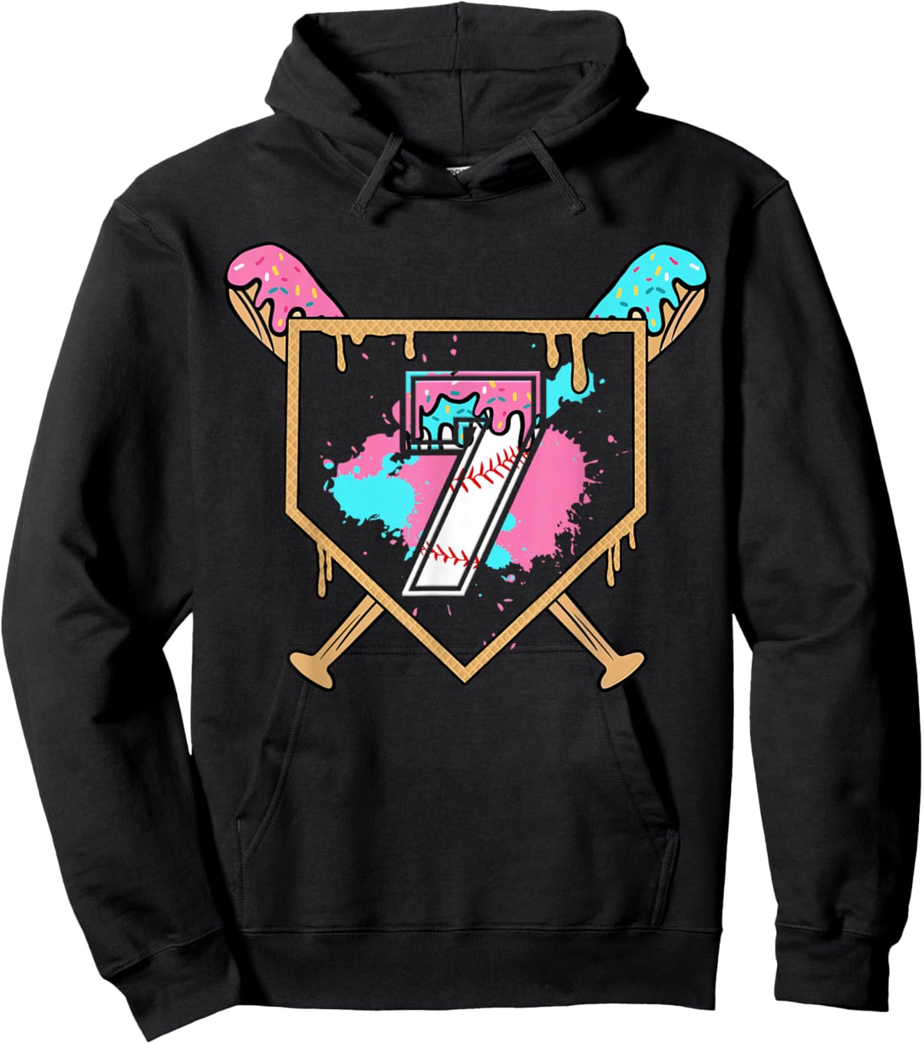 7th Birthday Baseball Bat Ice-Cream Drip 7yrs Old Boys Girls Hoodie - Hoodie | Black