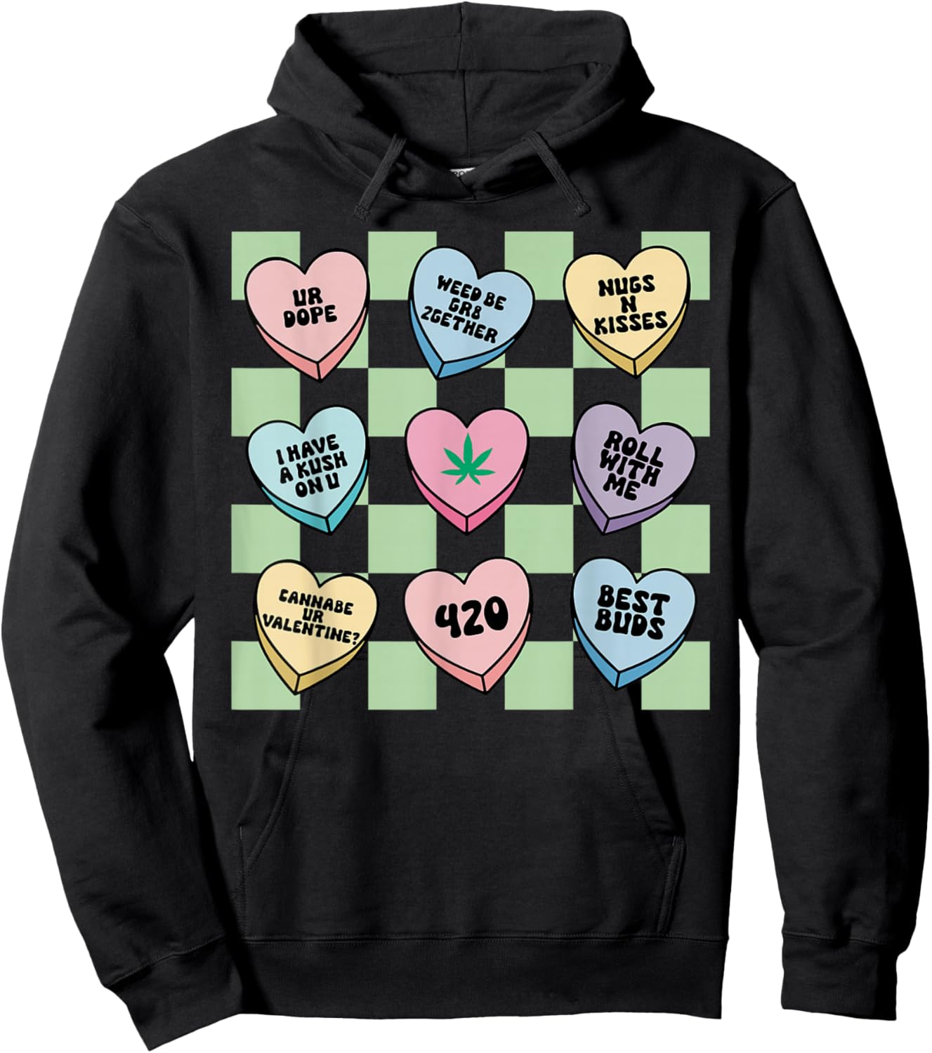 Retro Cannabis Candy Heart Valentines Marijuana Weed Stoner Hoodie - Hoodie | Black