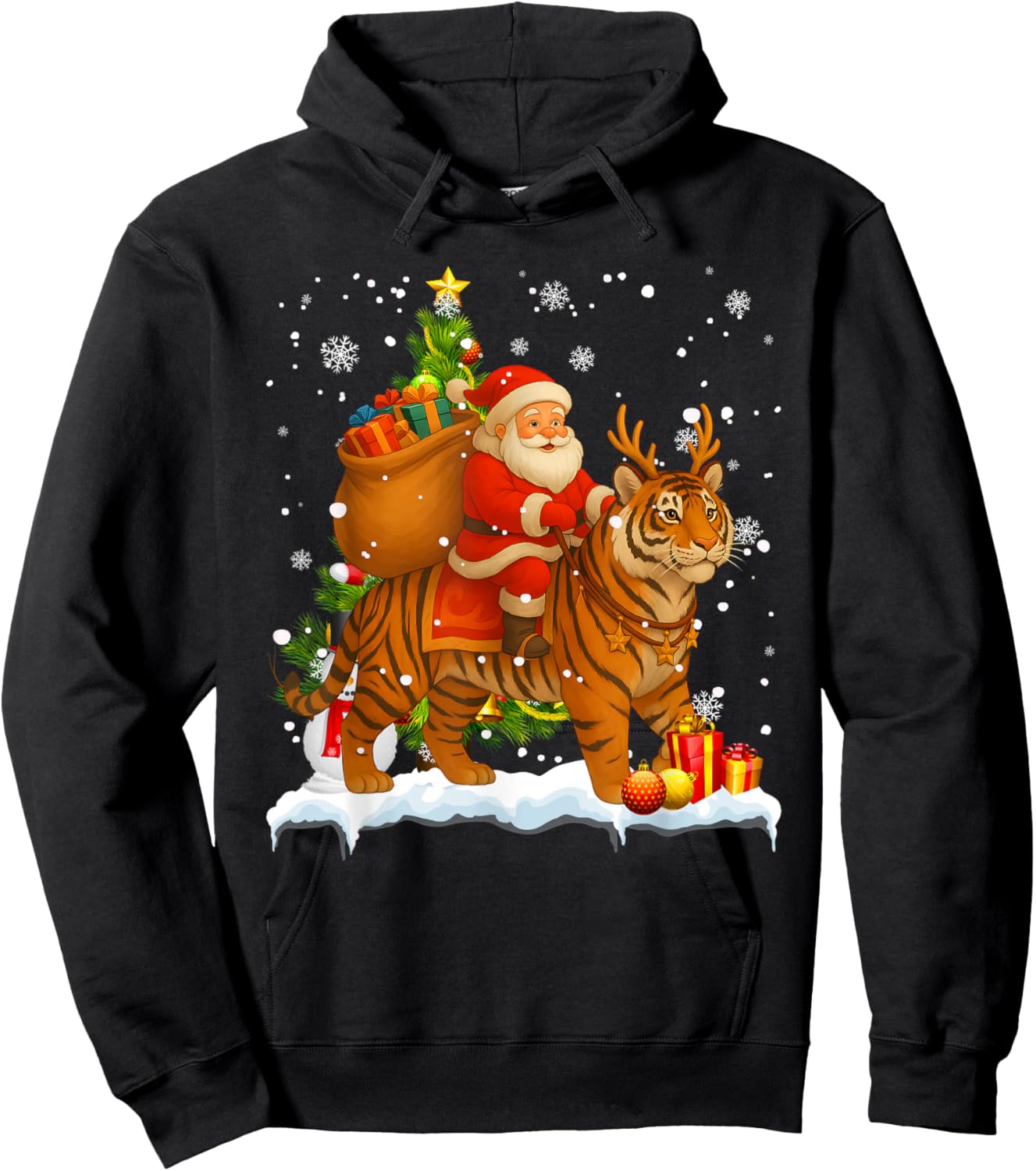 Xmas Decor Lights Funny Santa Riding Tiger Christmas Hoodie - Hoodie | Black