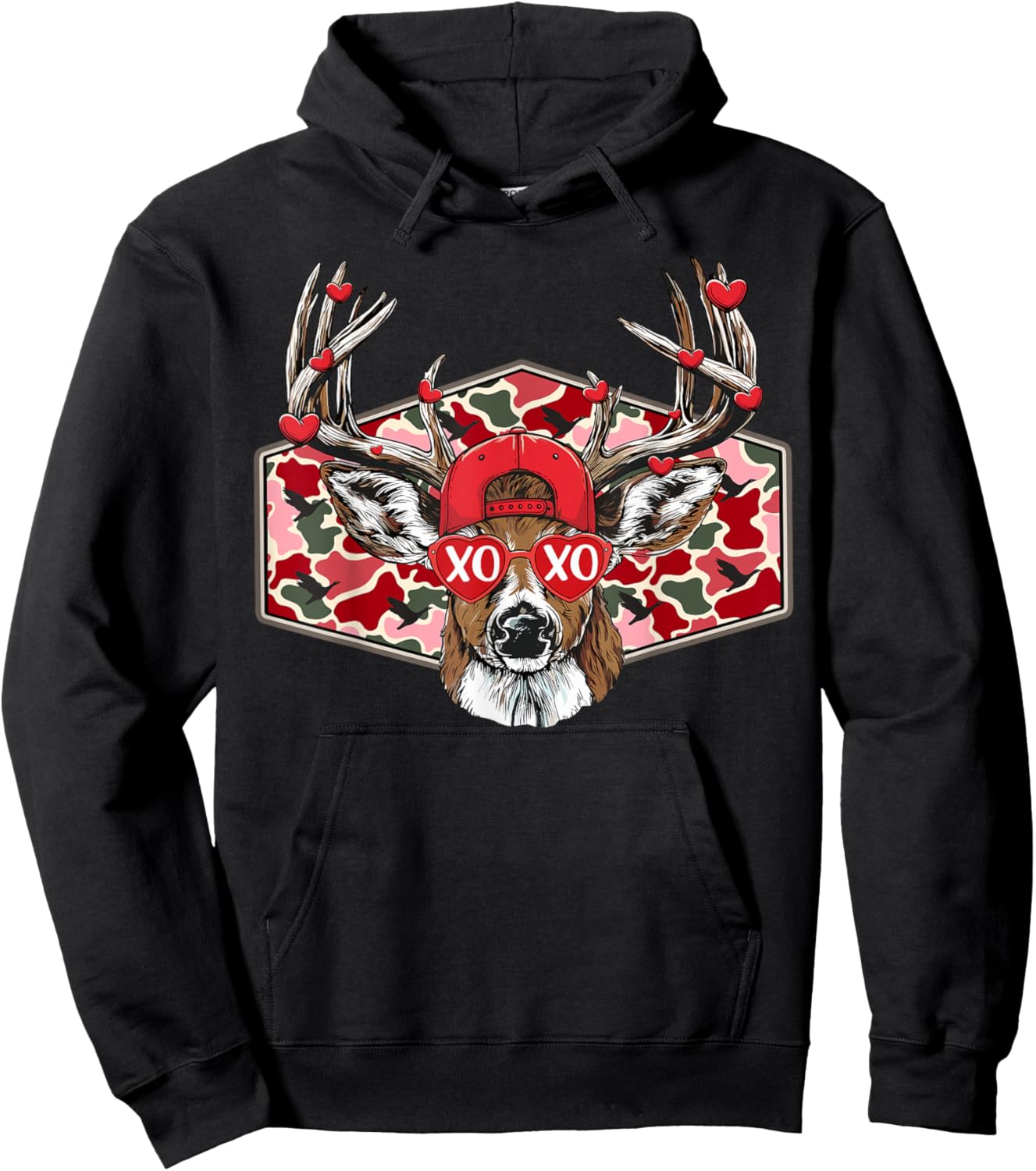 Retro Buck Camo Valentines Day Love Deer Hunting Boys Cap Hoodie - Hoodie | Black