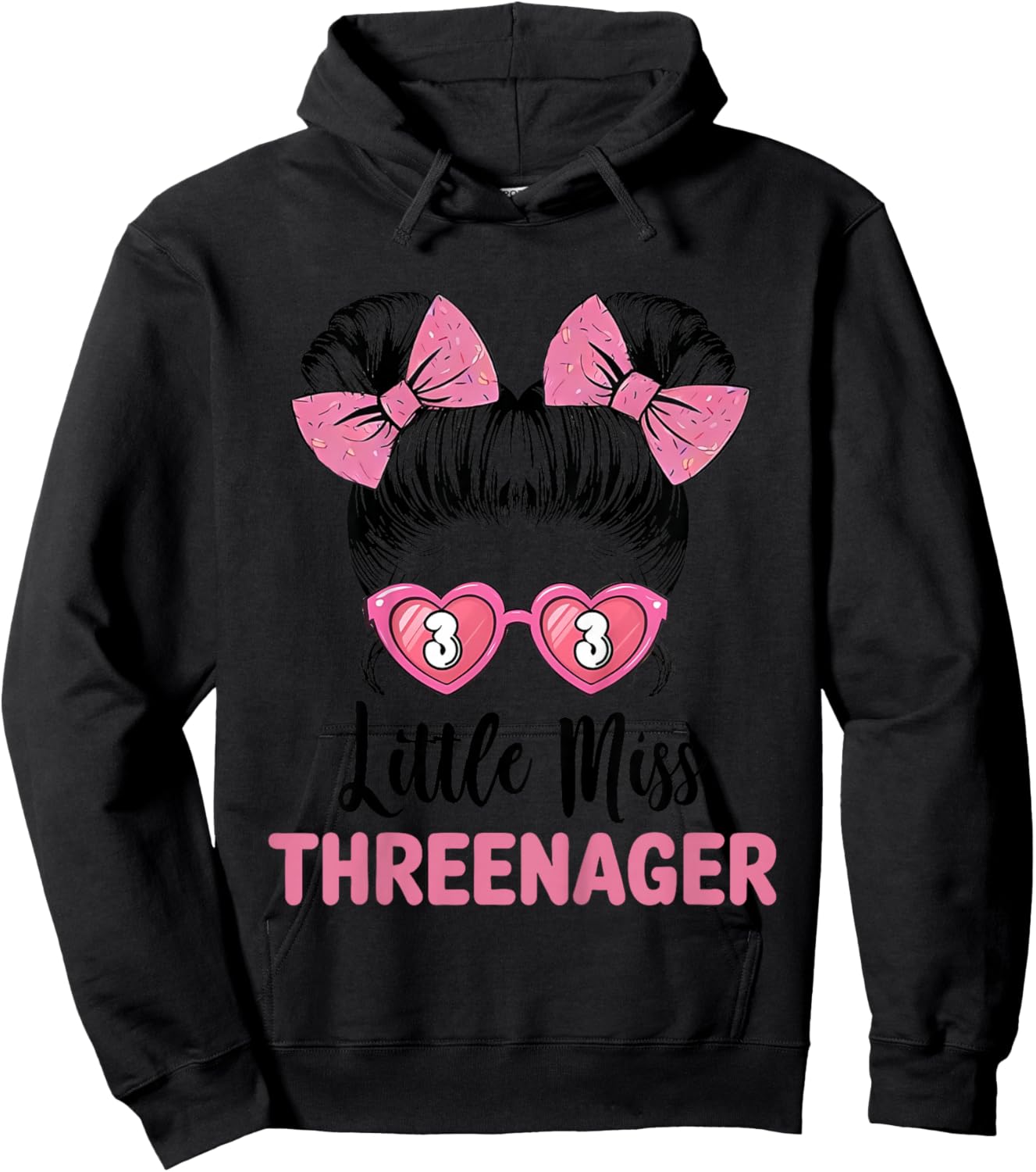 Little Miss Threenager 3rd Birthday 3 Messy Bun Girls Kids Hoodie - Hoodie | Black